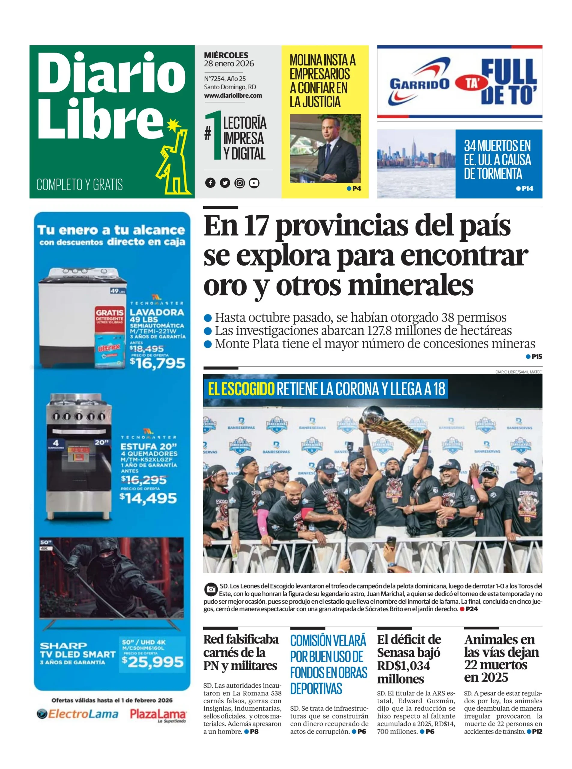 Portada Periódico Diario Libre, Miércoles 28, Enero, 2026