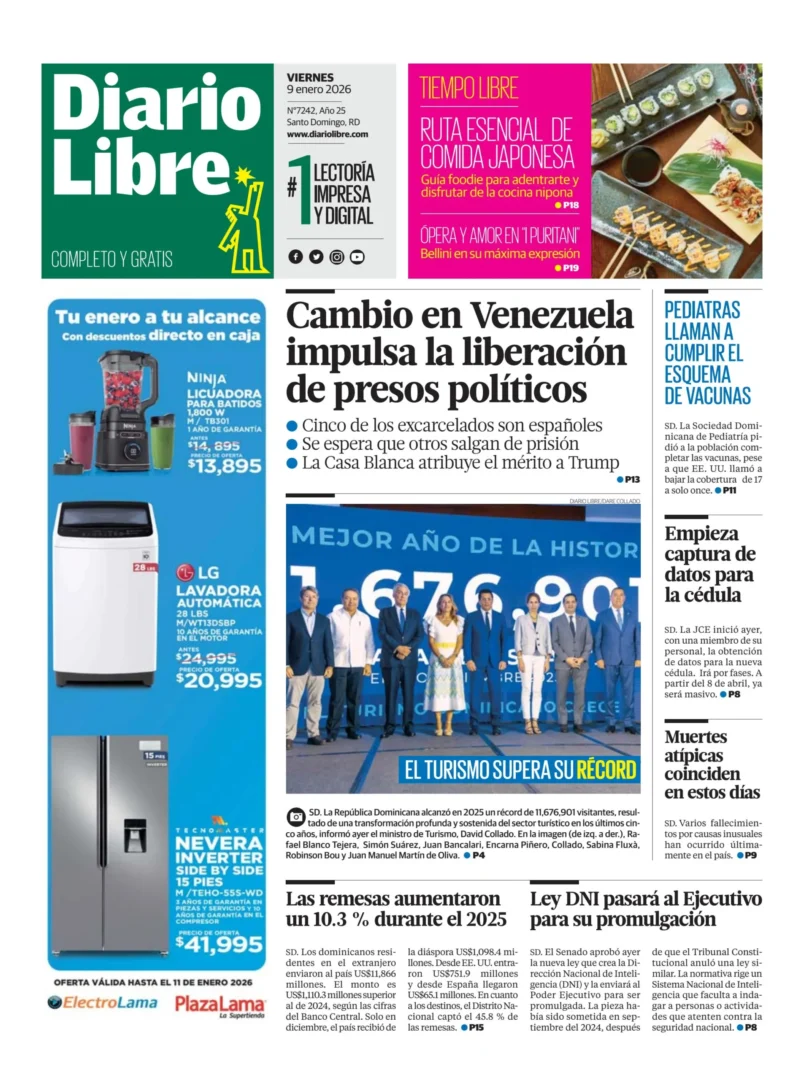 Portada Periódico Diario Libre, Viernes 09, Enero, 2026