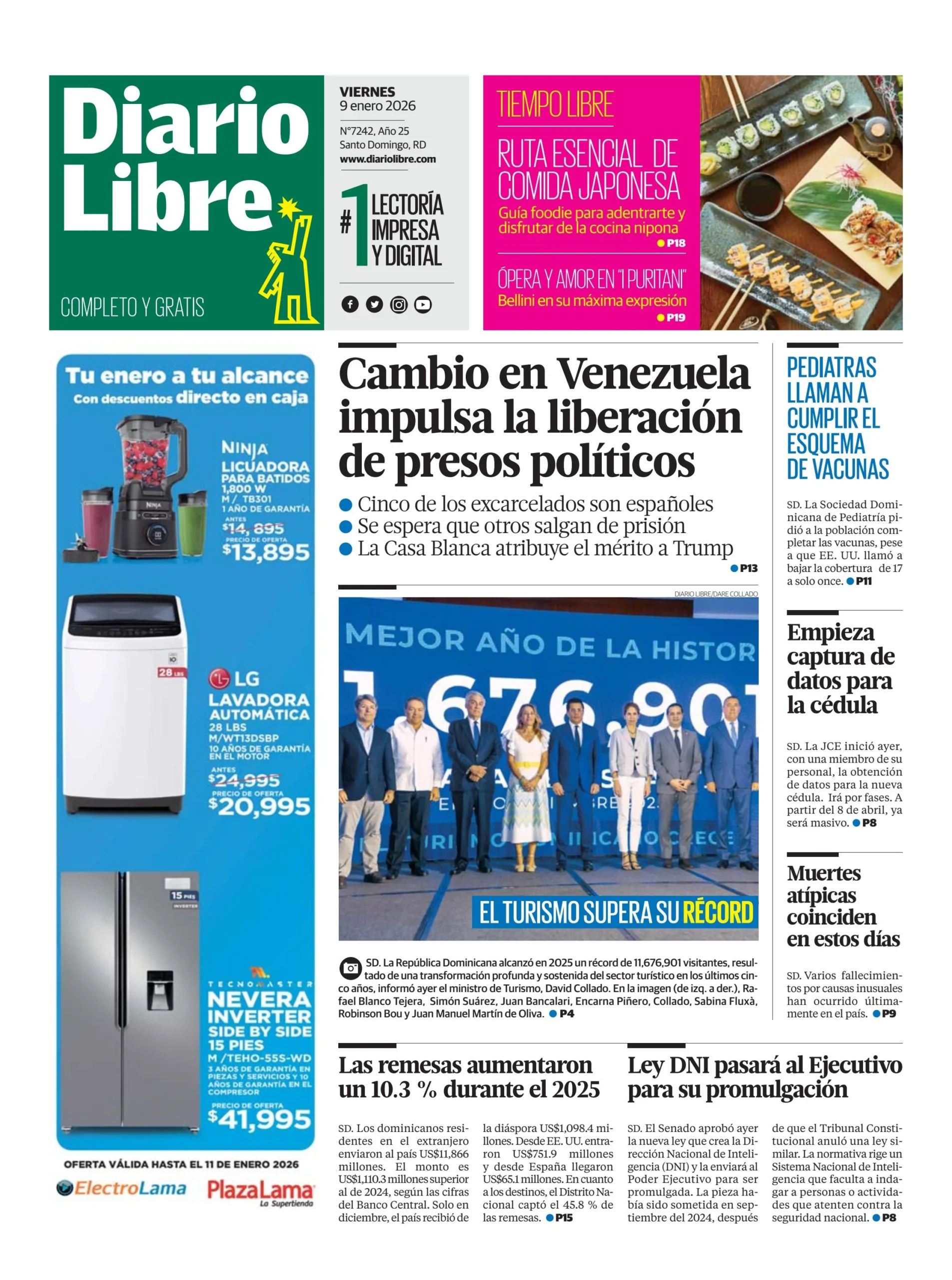 Portada Periódico Diario Libre, Viernes 09, Enero, 2026