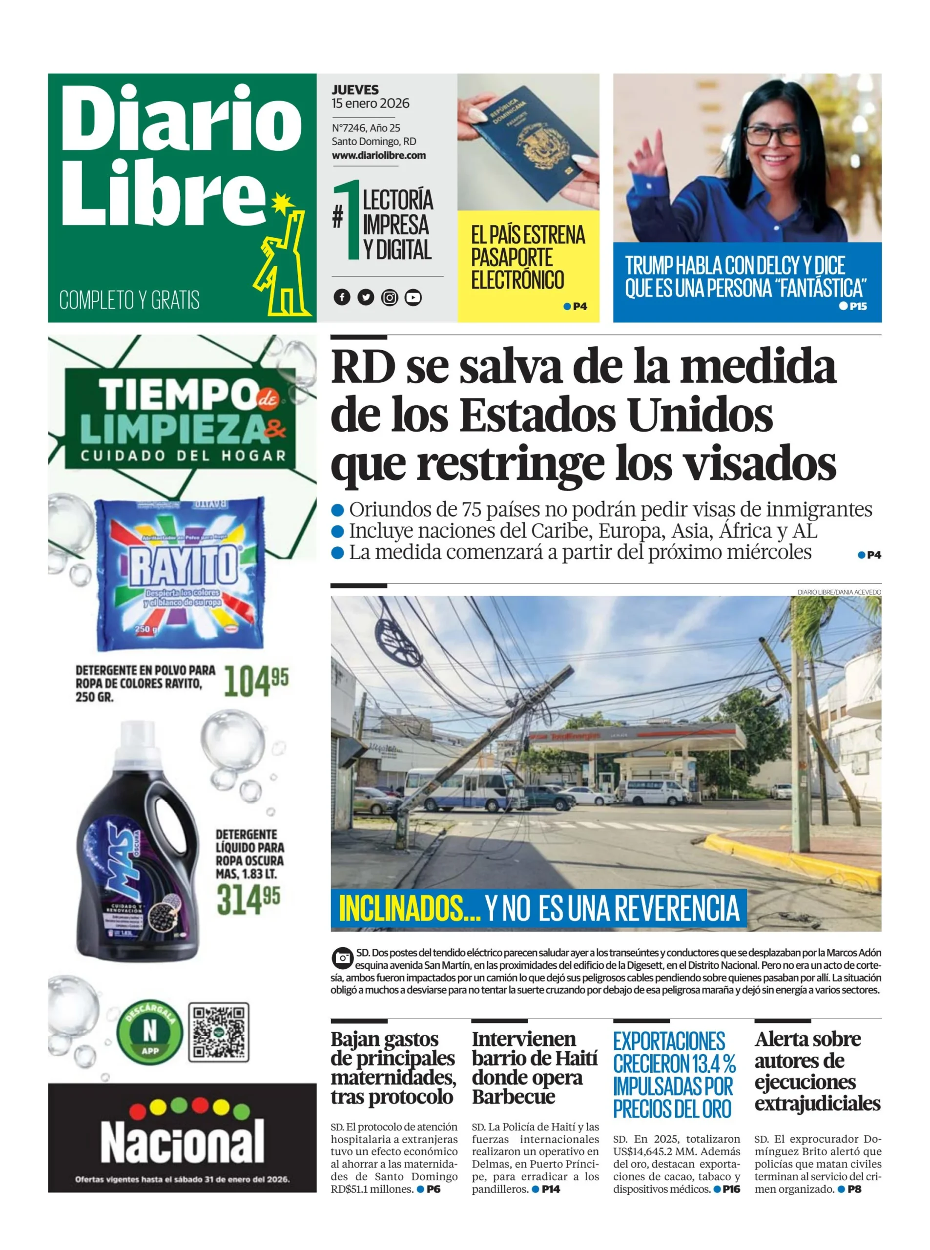Portada Periódico Diario Libre, Viernes 16, Enero, 2026