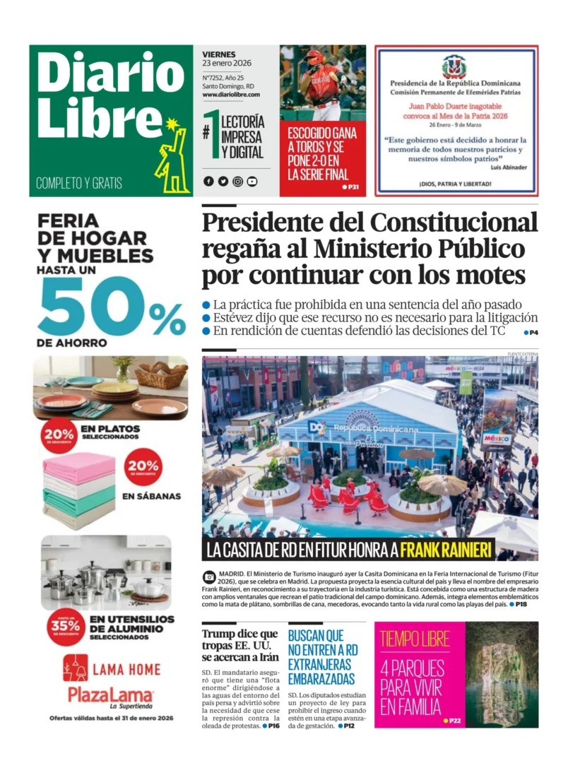 Portada Periódico Diario Libre, Viernes 23, Enero, 2026