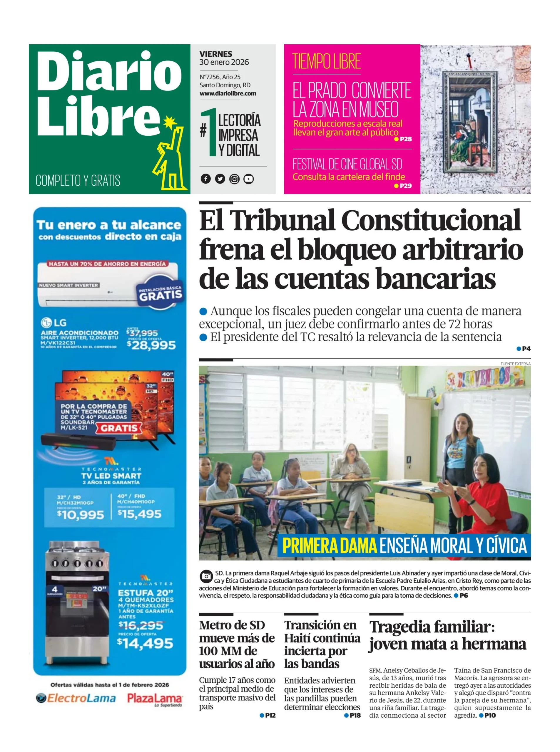 Portada Periódico Diario Libre, Viernes 30, Enero, 2026