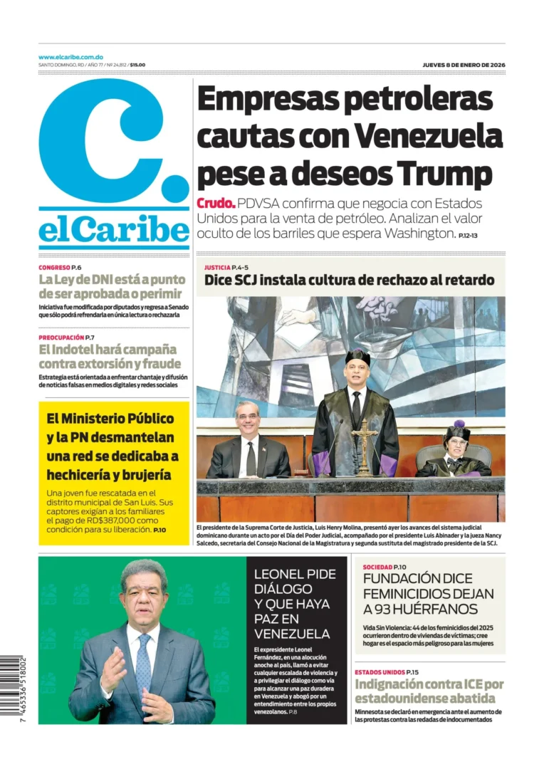 Portada Periódico El Caribe, Jueves 08, Enero, 2026