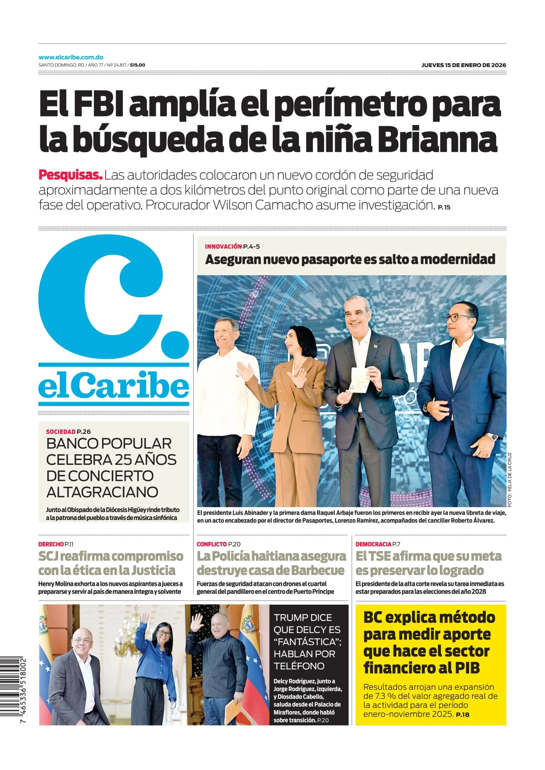 Portada Periódico El Caribe, Jueves 15, Enero, 2026