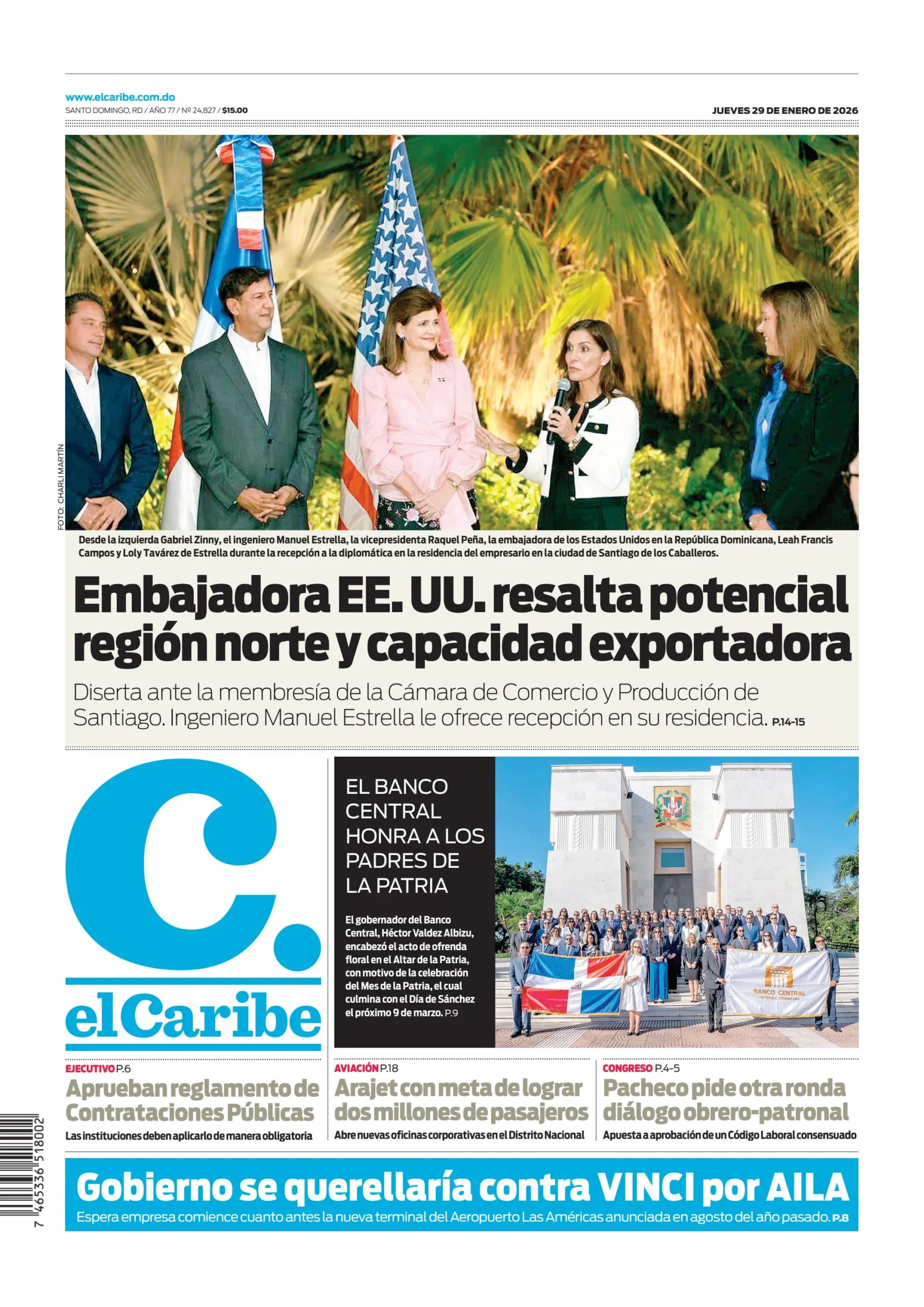 Portada Periódico El Caribe, Jueves 29, Enero, 2026