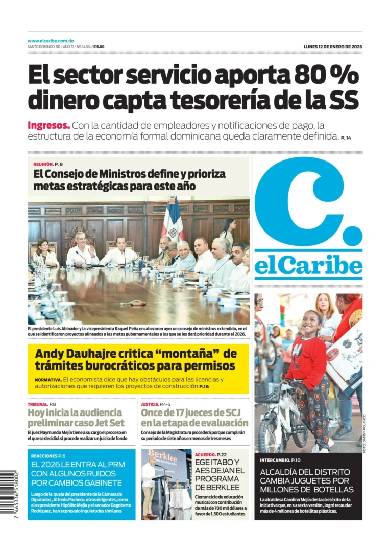Portada Periódico El Caribe, Lunes 12, Enero, 2026