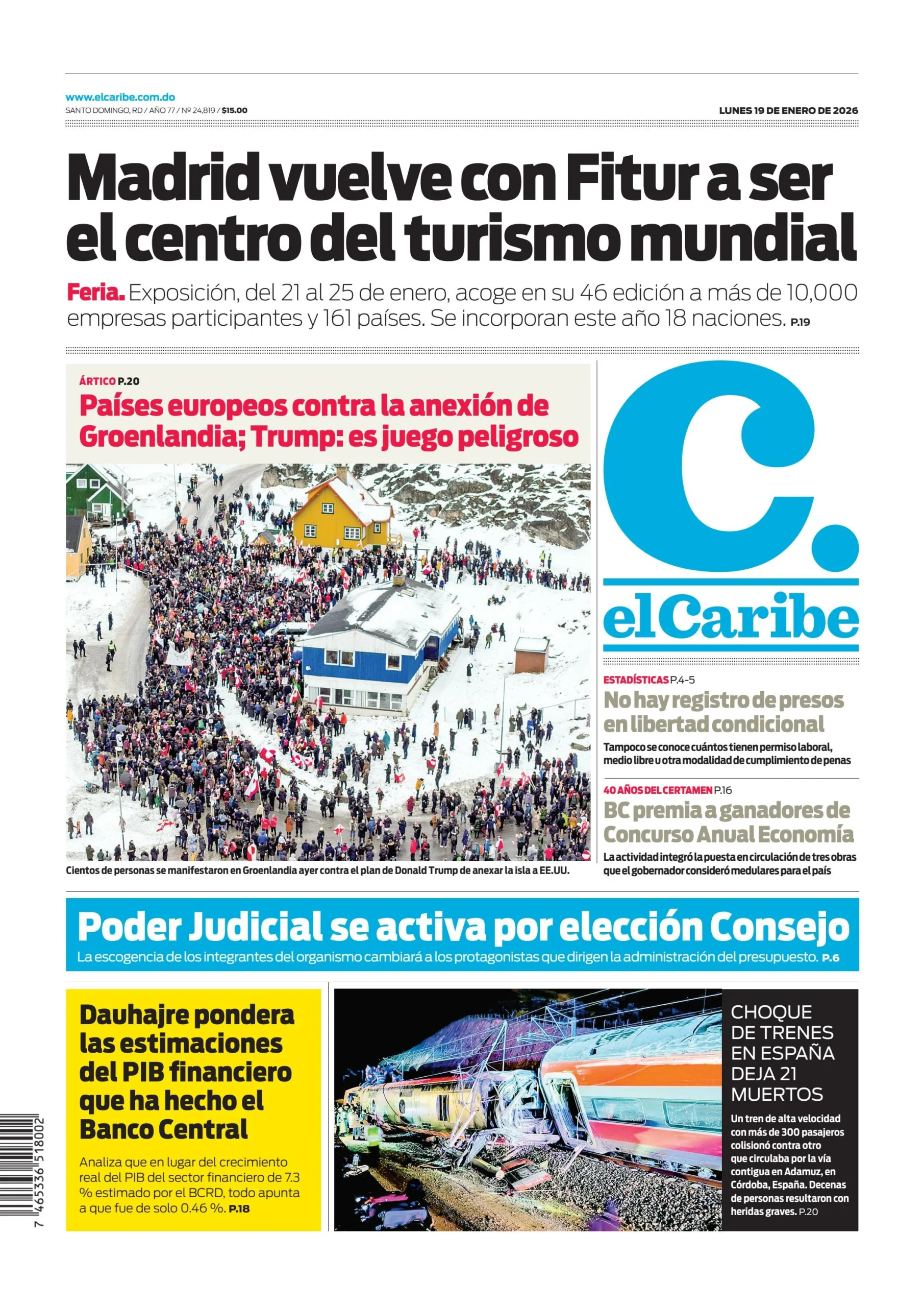 Portada Periódico El Caribe, Lunes 19, Enero, 2026
