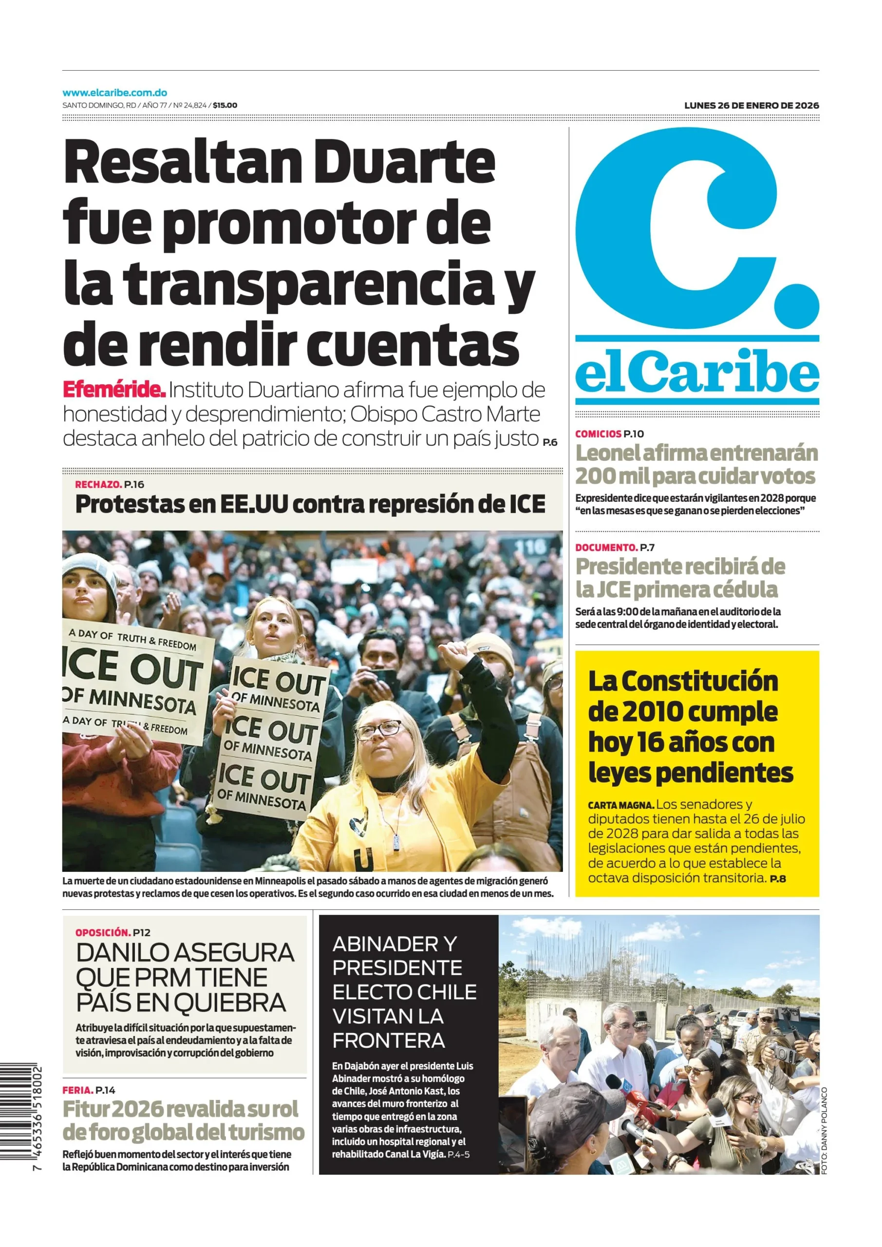 Portada Periódico El Caribe, Lunes 26, Enero, 2026