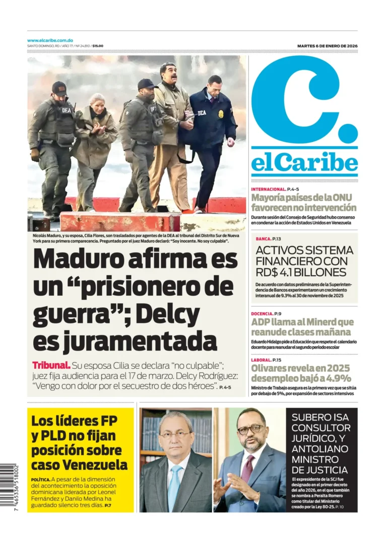 Portada Periódico El Caribe, Martes 06, Enero, 2026
