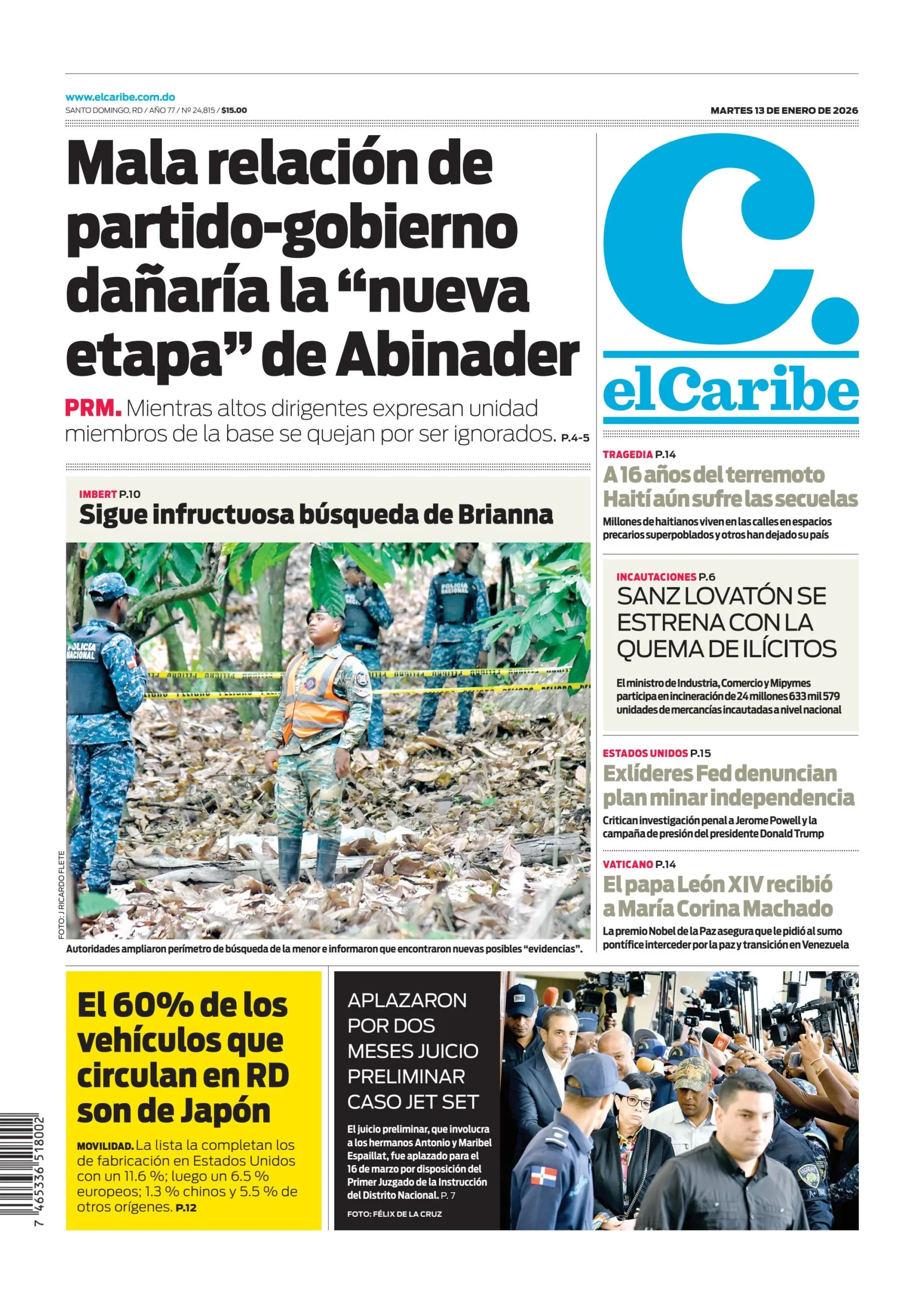 Portada Periódico El Caribe, Martes 13, Enero, 2026