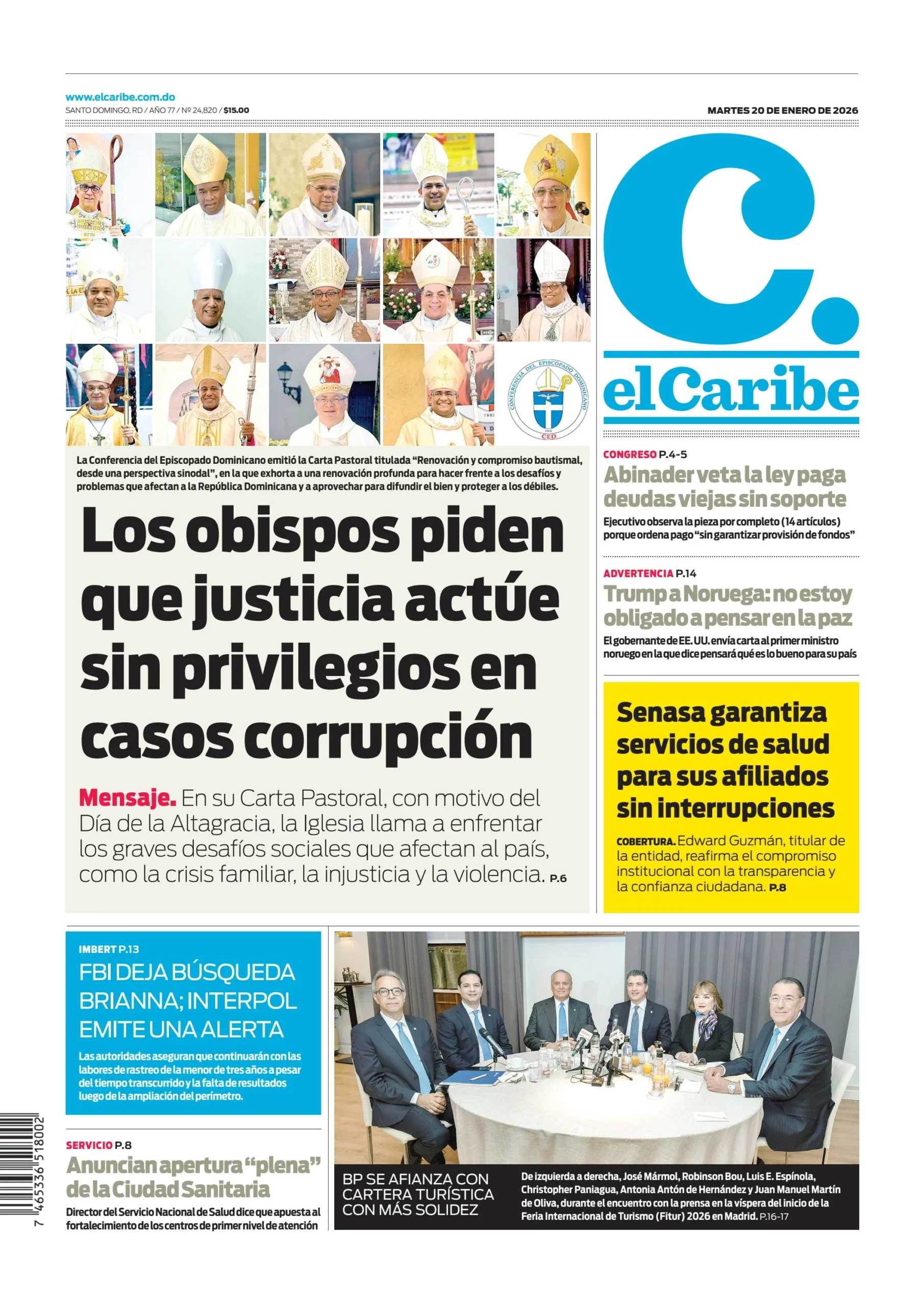 Portada Periódico El Caribe, Martes 20, Enero, 2026