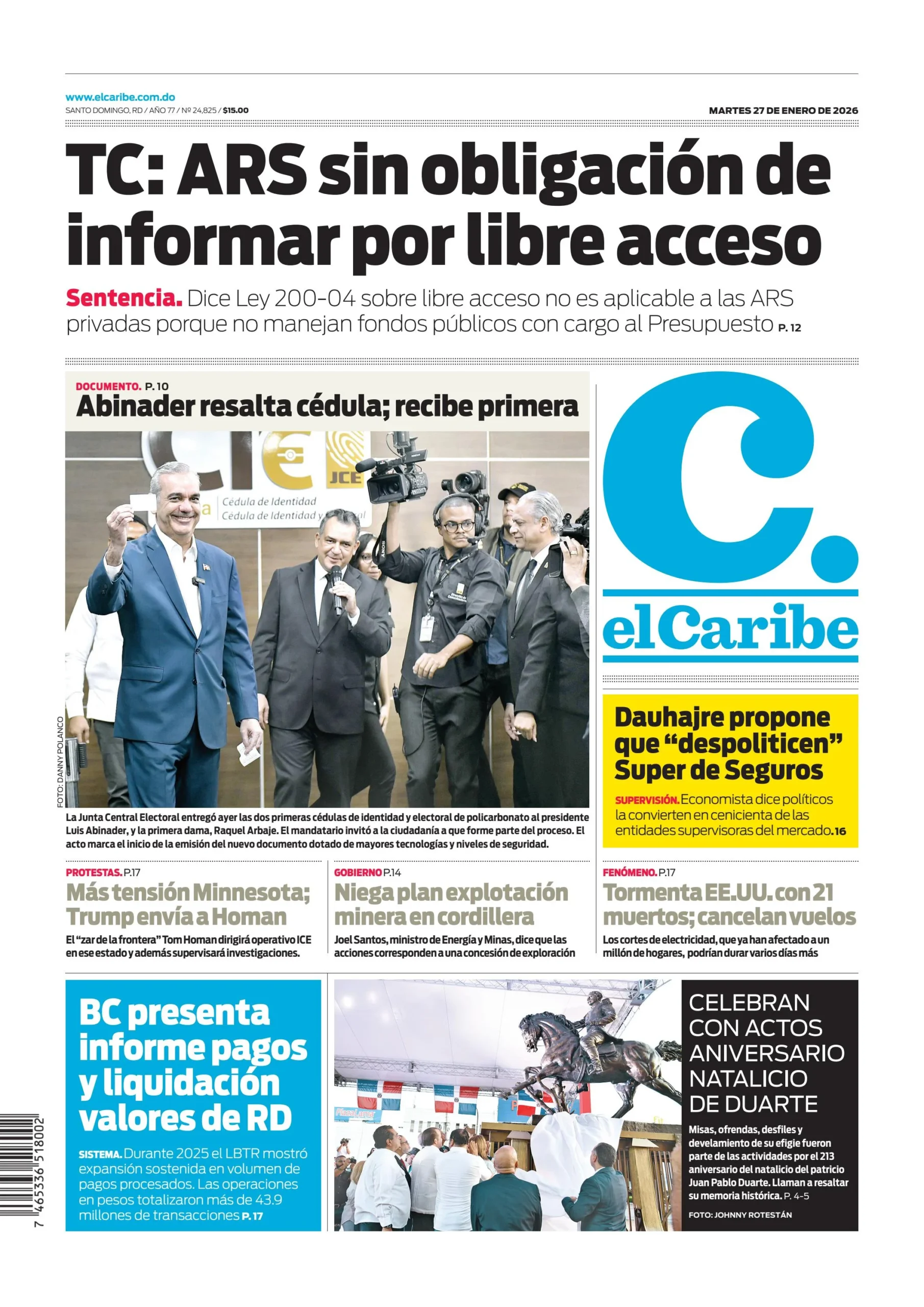 Portada Periódico El Caribe, Martes 27, Enero, 2026