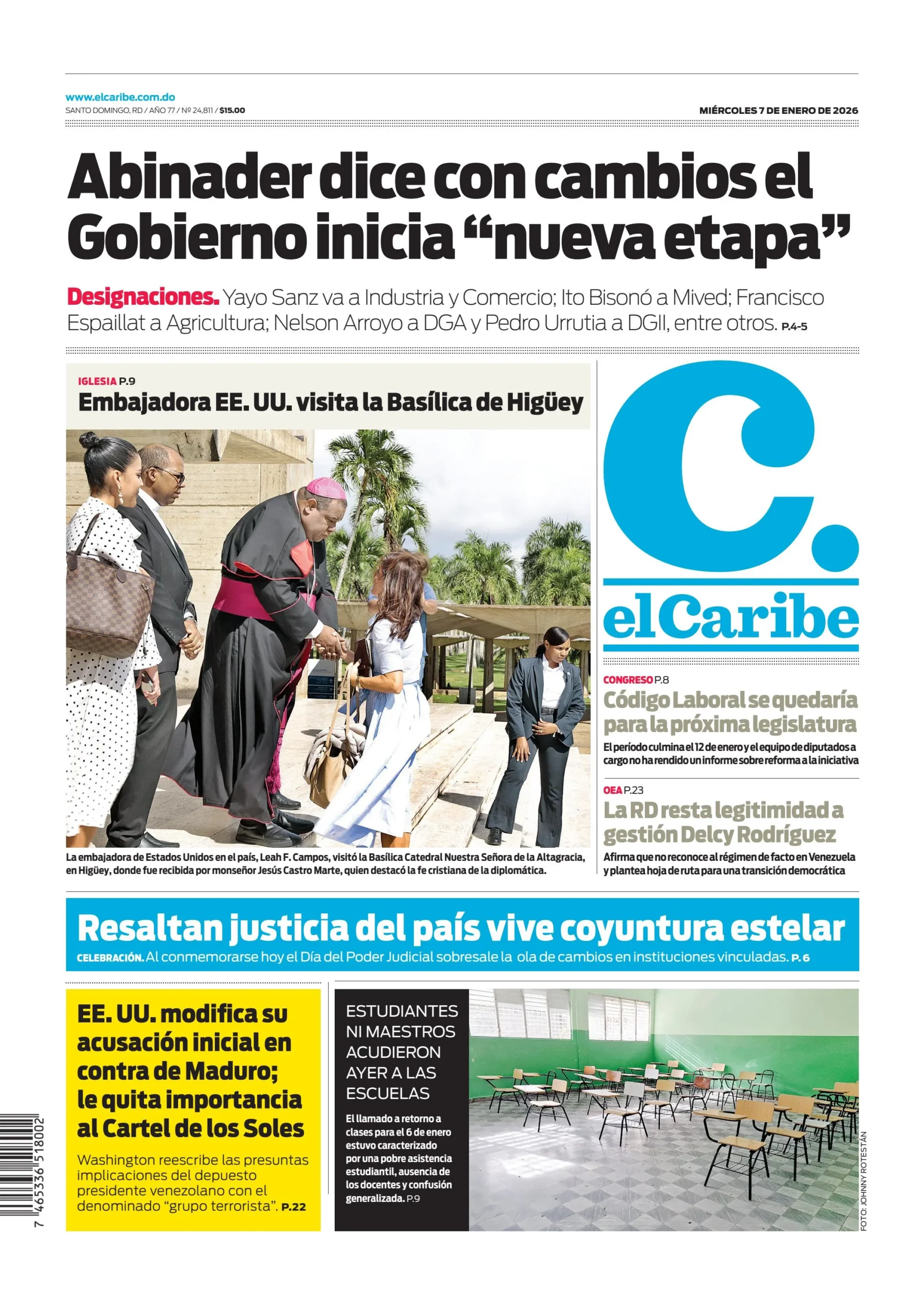 Portada Periódico El Caribe, Miércoles 07, Enero, 2026