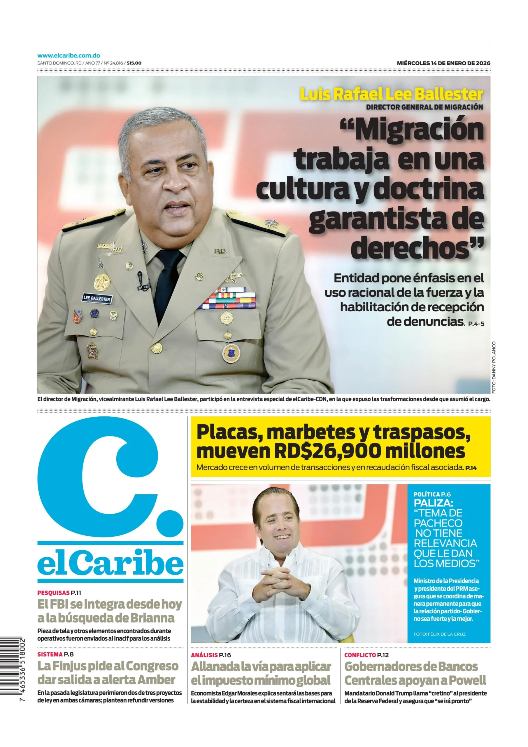 Portada Periódico El Caribe, Miércoles 14, Enero, 2026