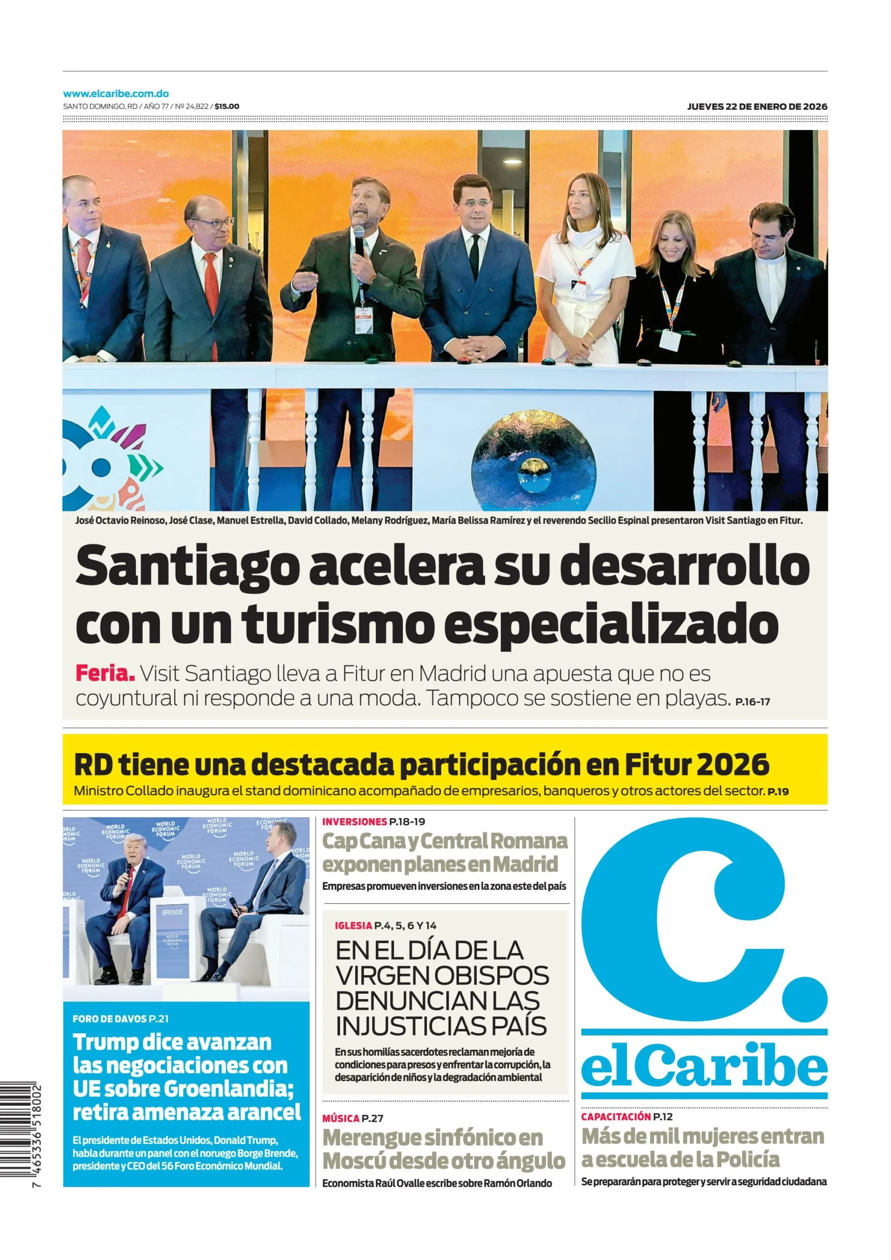 Portada Periódico El Caribe, Miércoles 22, Enero, 2026