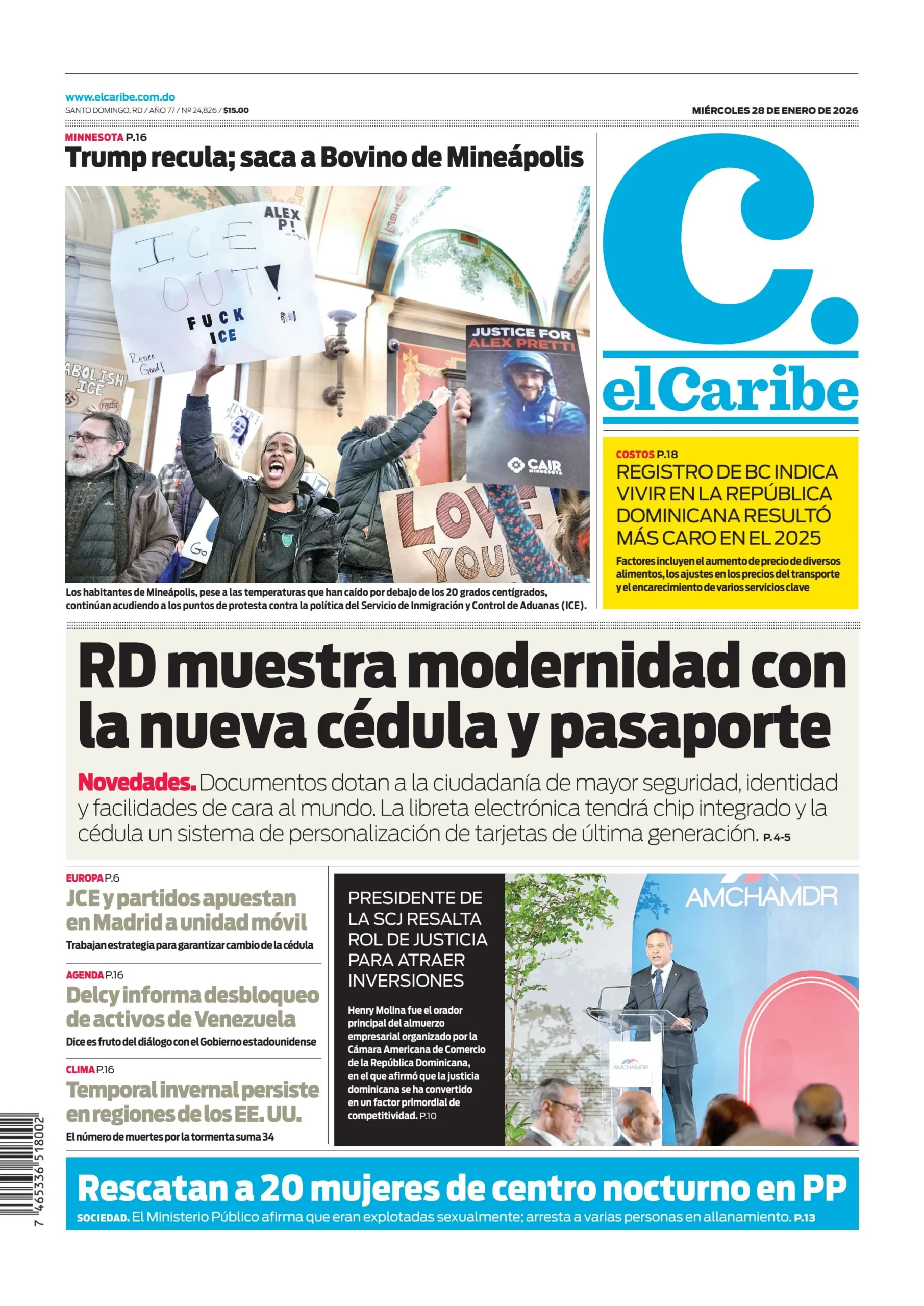 Portada Periódico El Caribe, Miércoles 28, Enero, 2026