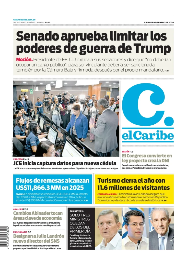 Portada Periódico El Caribe, Viernes 09, Enero, 2026