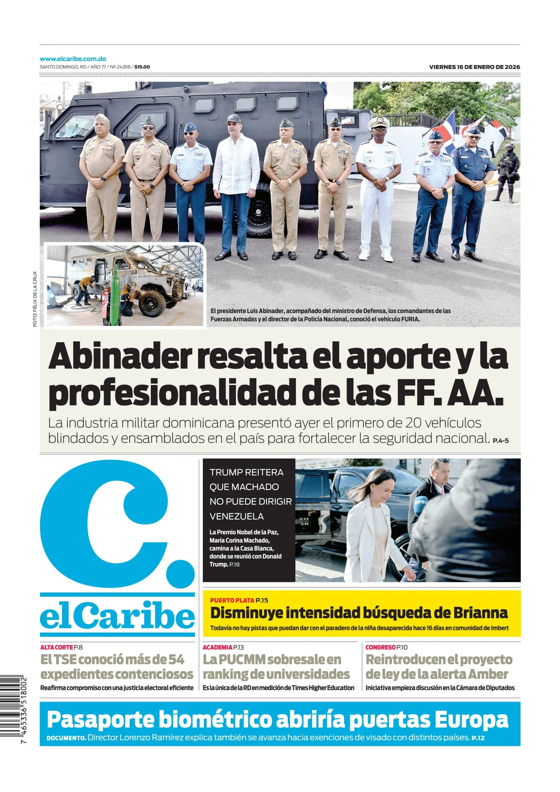 Portada Periódico El Caribe, Viernes 16, Enero, 2026