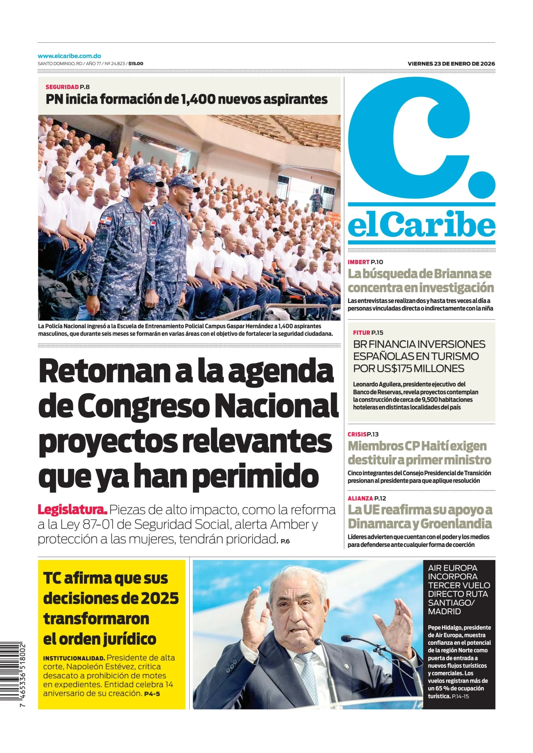 Portada Periódico El Caribe, Viernes 23, Enero, 2026