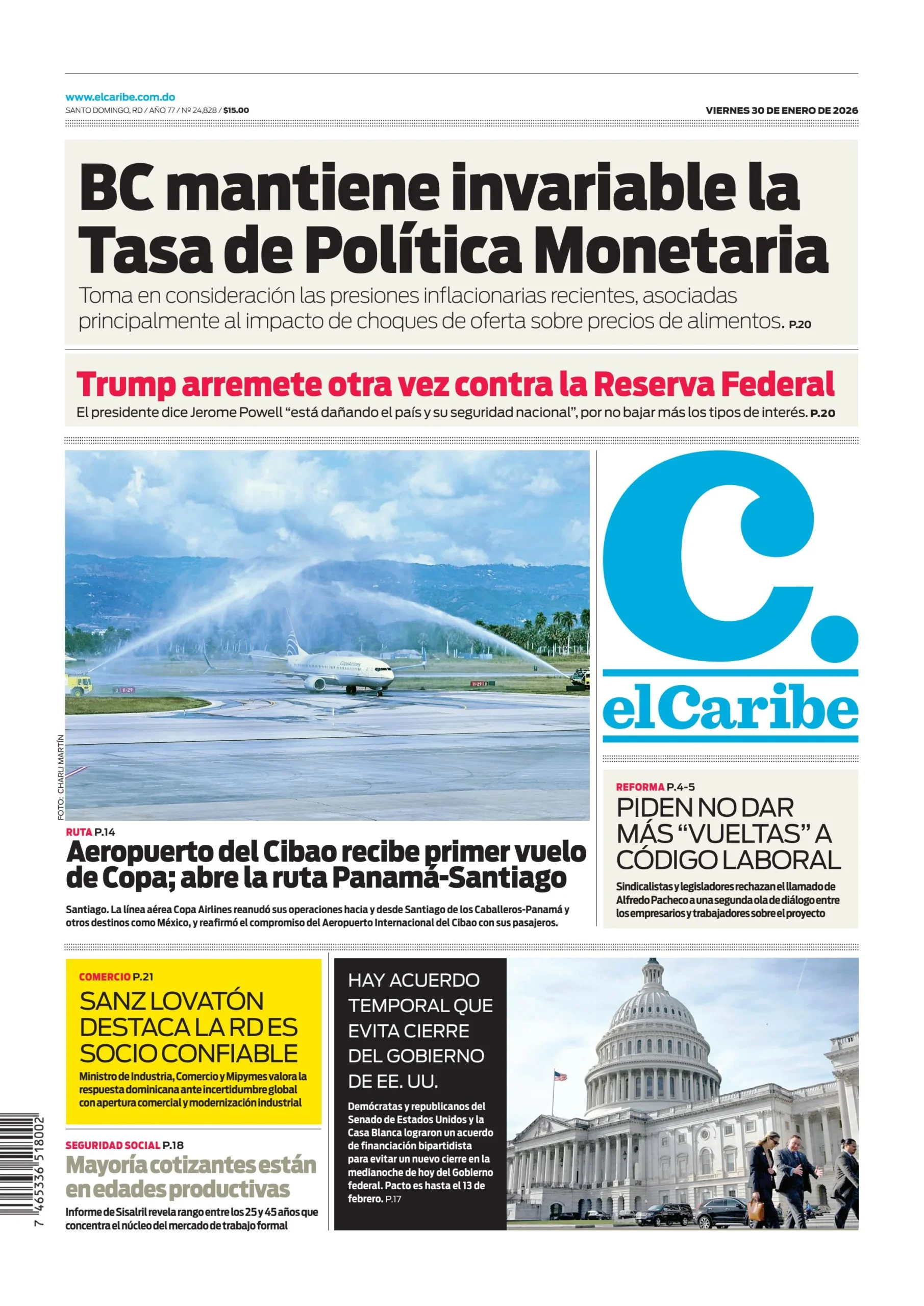 Portada Periódico El Caribe, Viernes 30, Enero, 2026