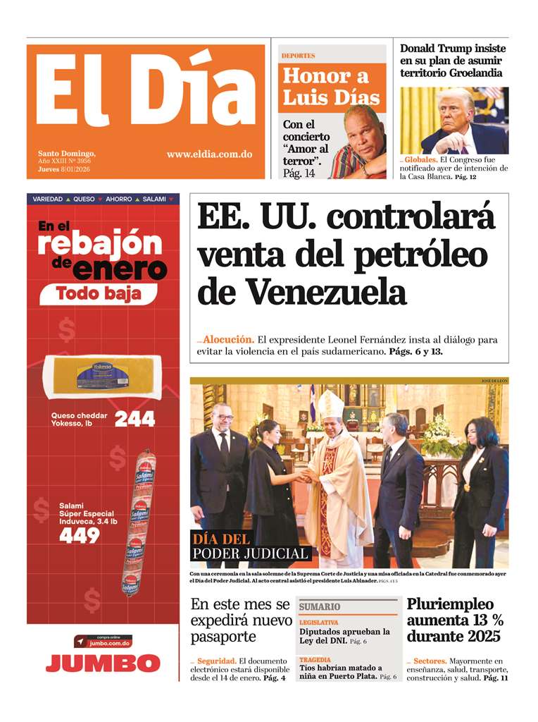 Portada Periódico El Día, Jueves 08, Enero, 2026