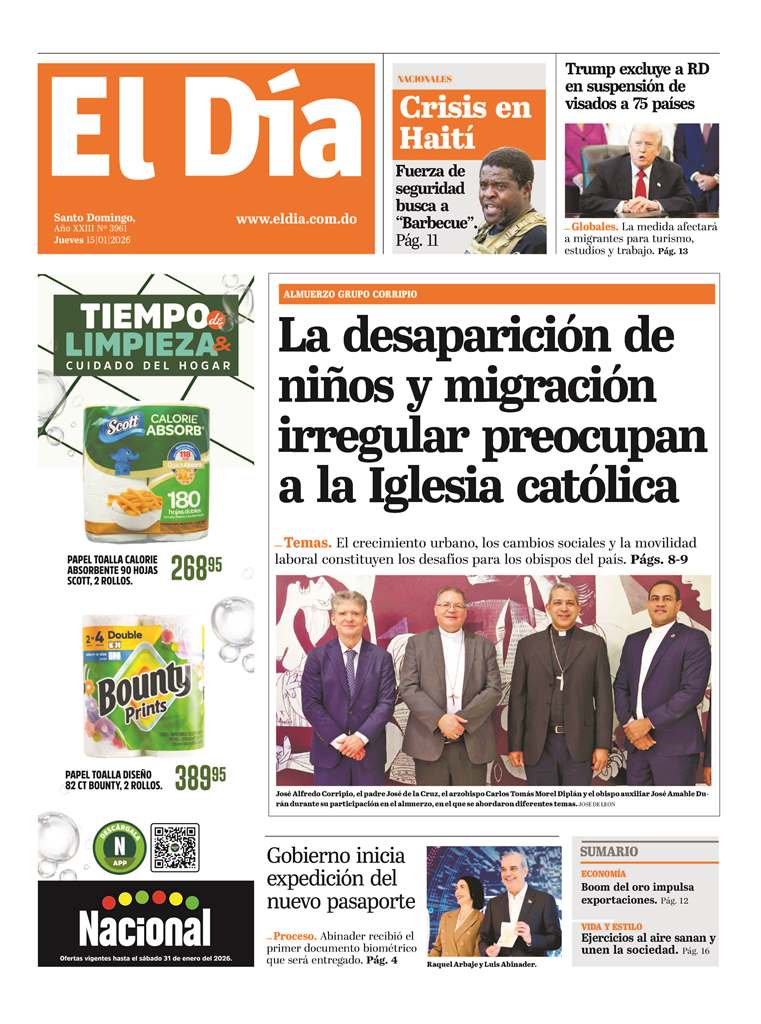 Portada Periódico El Día, Jueves 15, Enero, 2026