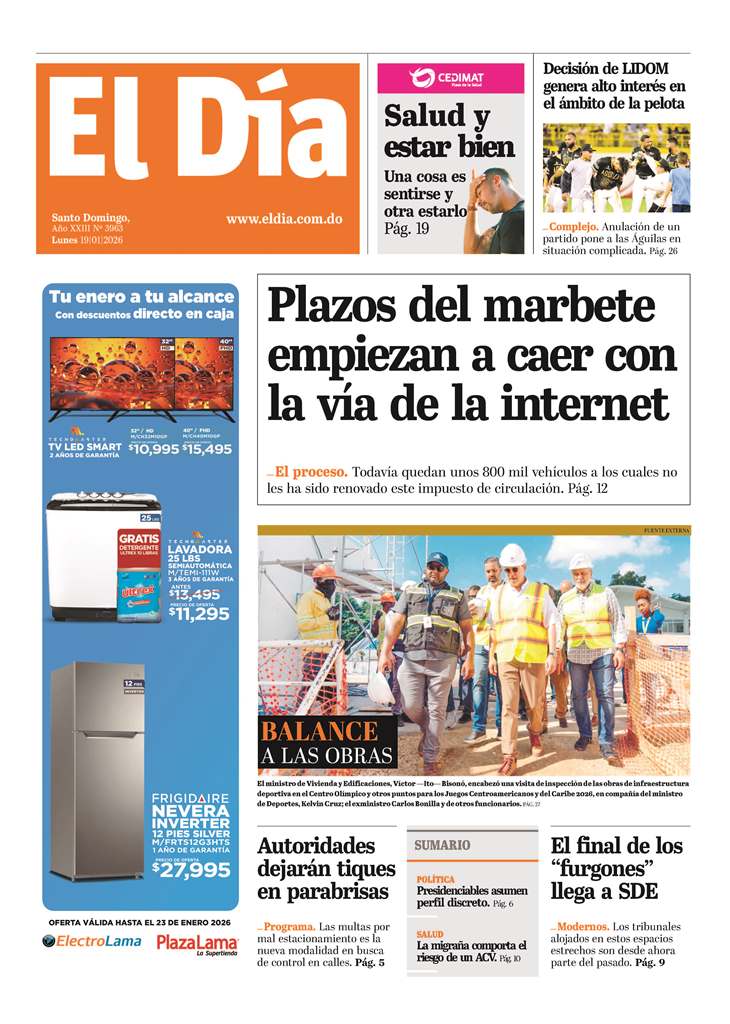 Portada Periódico El Día, Lunes 19, Enero, 2026