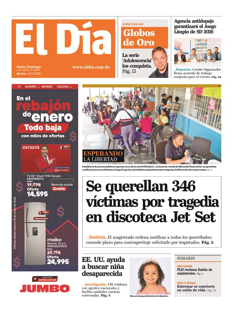 Portada Periódico El Día, Martes 13, Enero, 2026