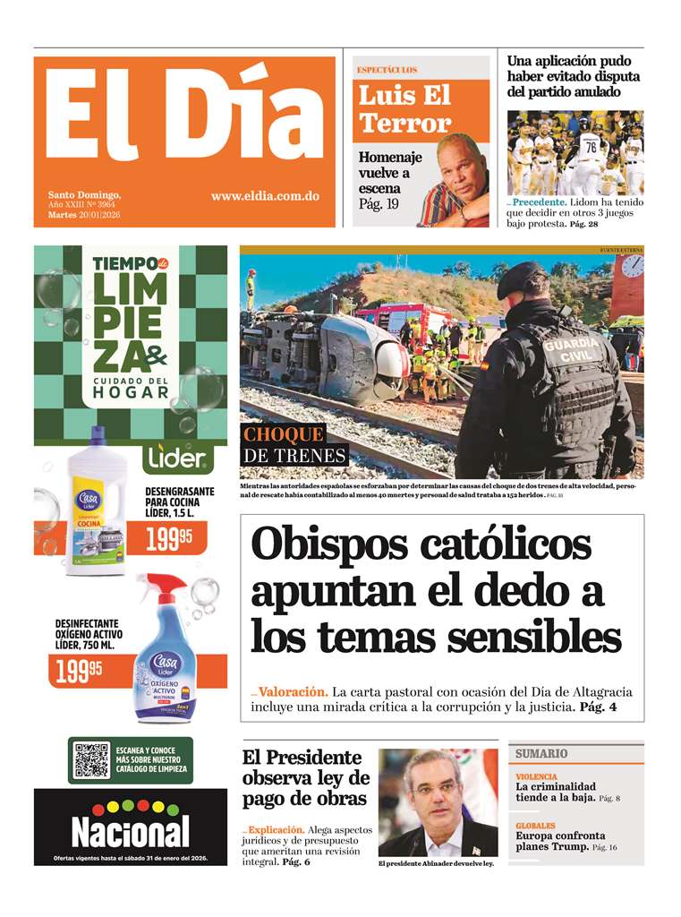 Portada Periódico El Día, Martes 20, Enero, 2026