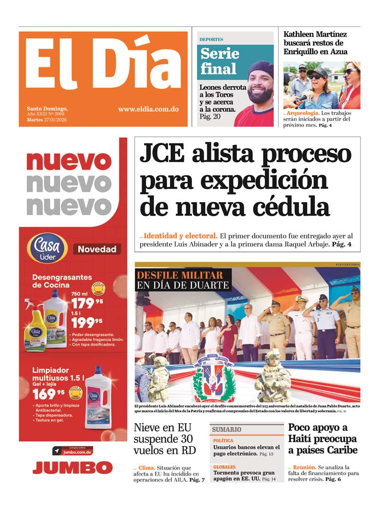 Portada Periódico El Día, Martes 27, Enero, 2026