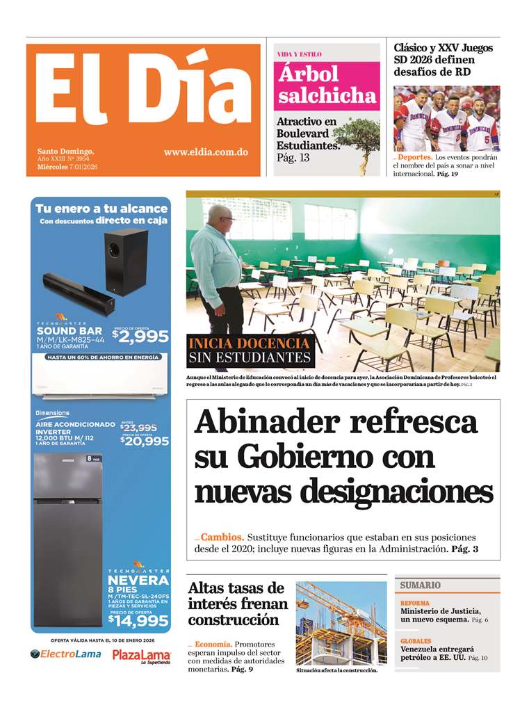 Portada Periódico El Día, Miércoles 07, Enero, 2026