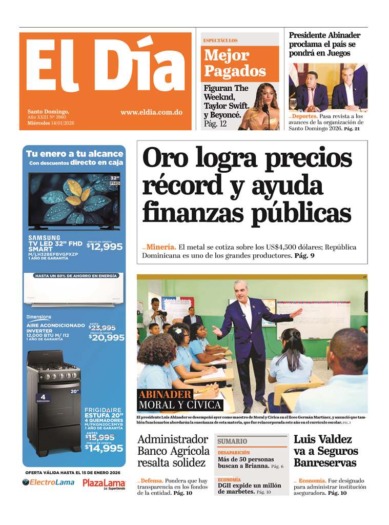 Portada Periódico El Día, Miércoles 14, Enero, 2026
