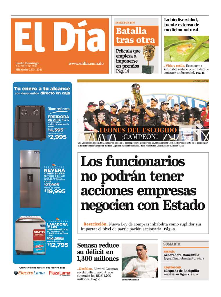 Portada Periódico El Día, Miércoles 28, Enero, 2026