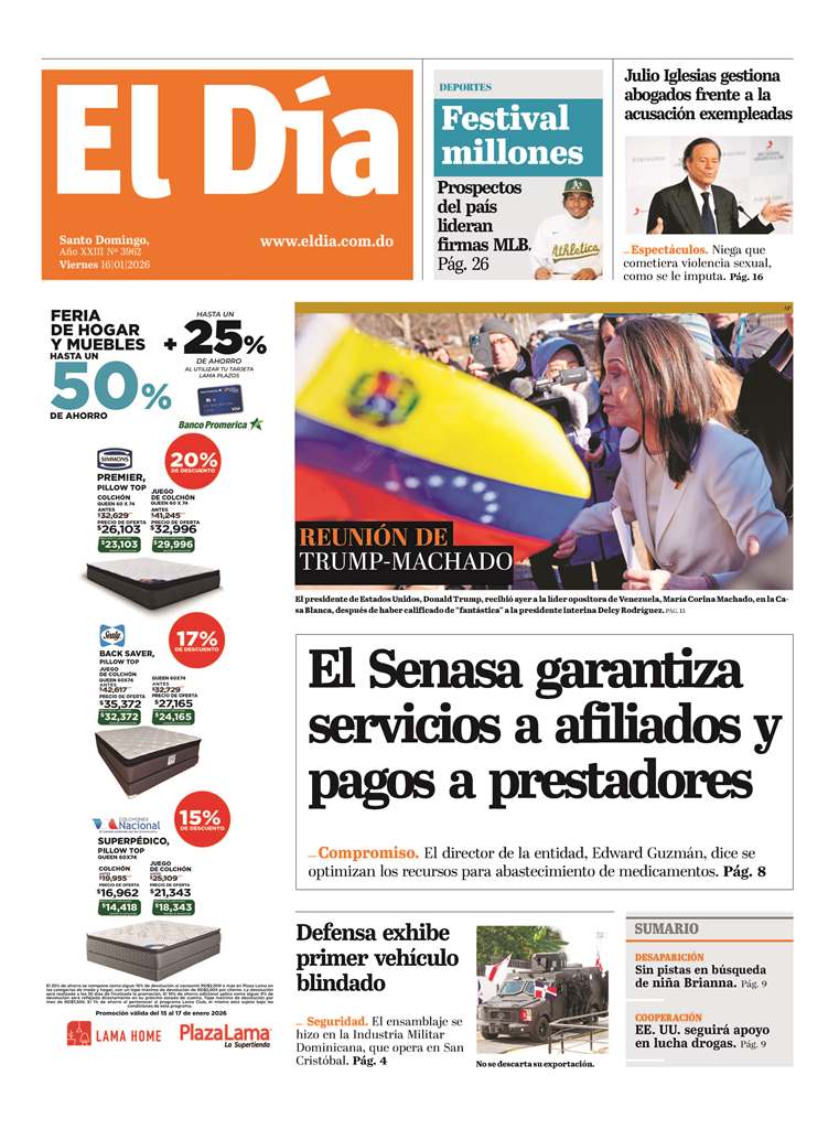 Portada Periódico El Día, Viernes 16, Enero, 2026