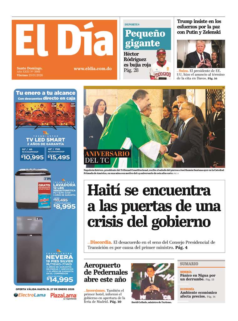 Portada Periódico El Día, Viernes 23, Enero, 2026