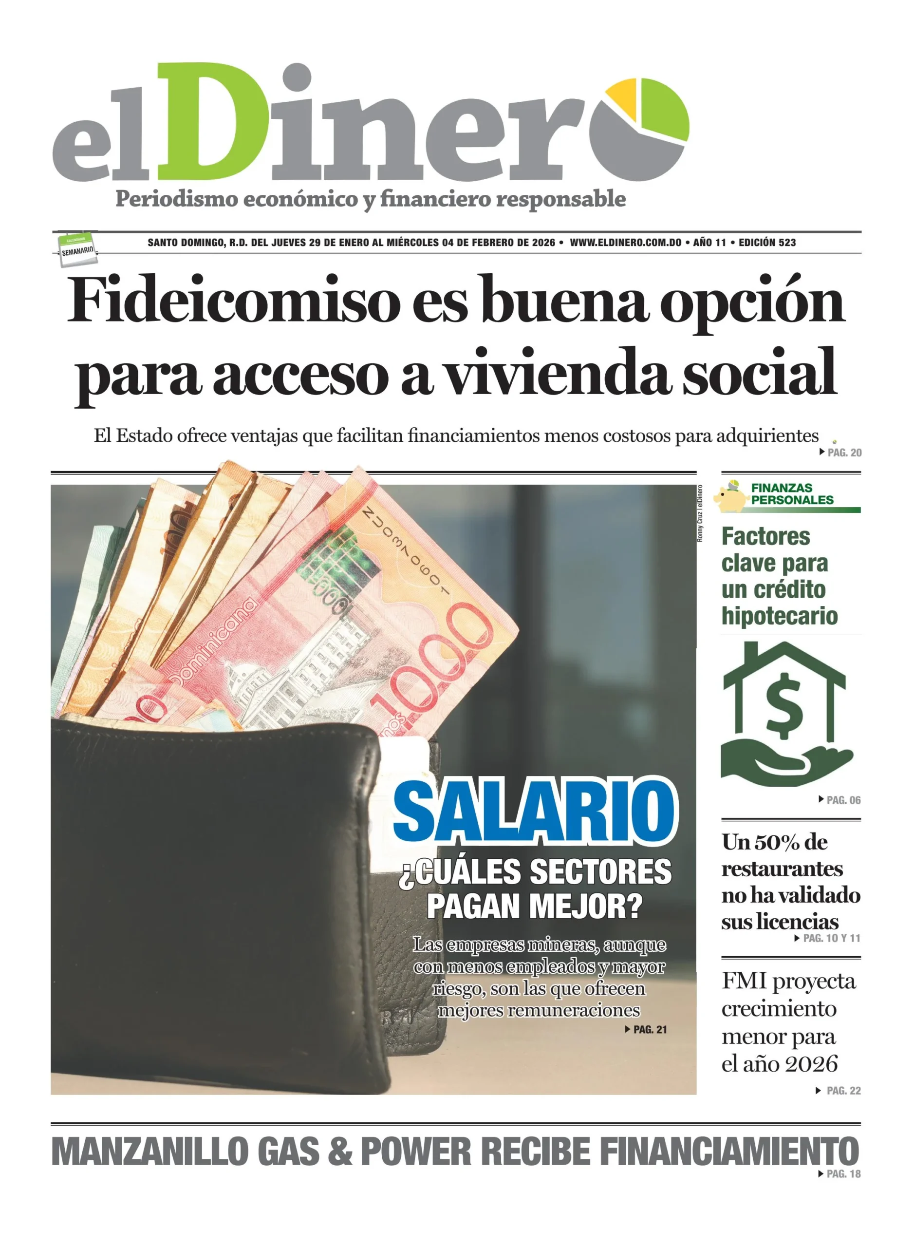 Portada Periódico El Dinero, Jueves 29, Enero, 2026