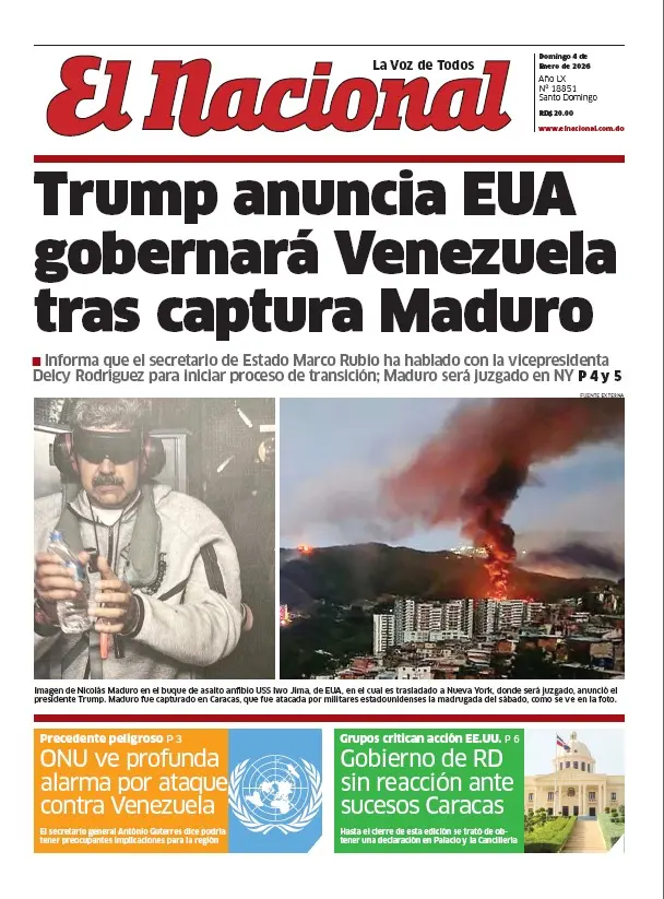 Portada Periódico El Nacional, Lunes 05, Enero, 2026
