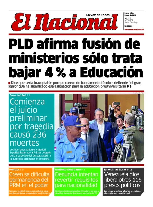 Portada Periódico El Nacional, Lunes 12, Enero, 2026