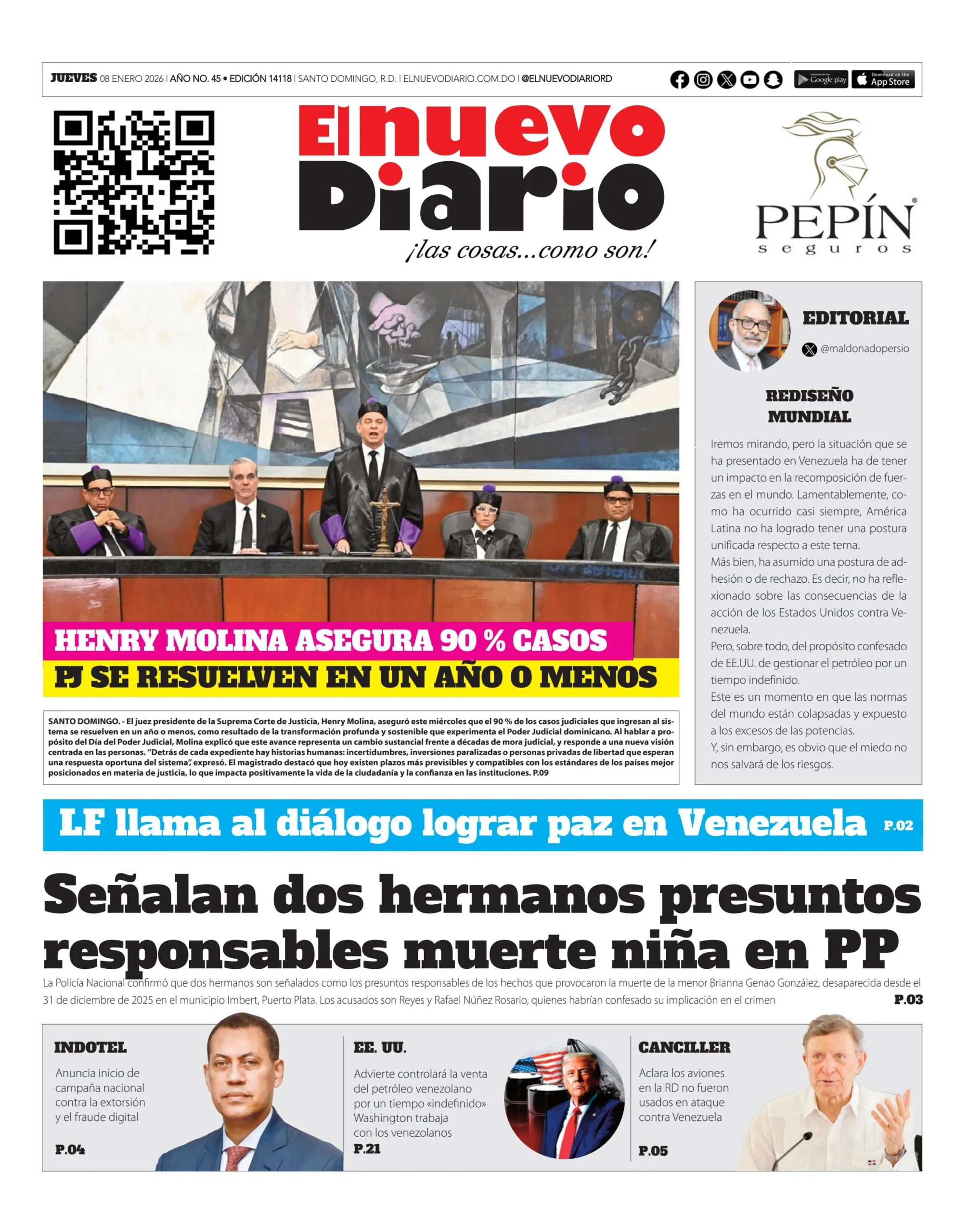 Portada Periódico El Nuevo Diario, Jueves 08, Enero, 2026