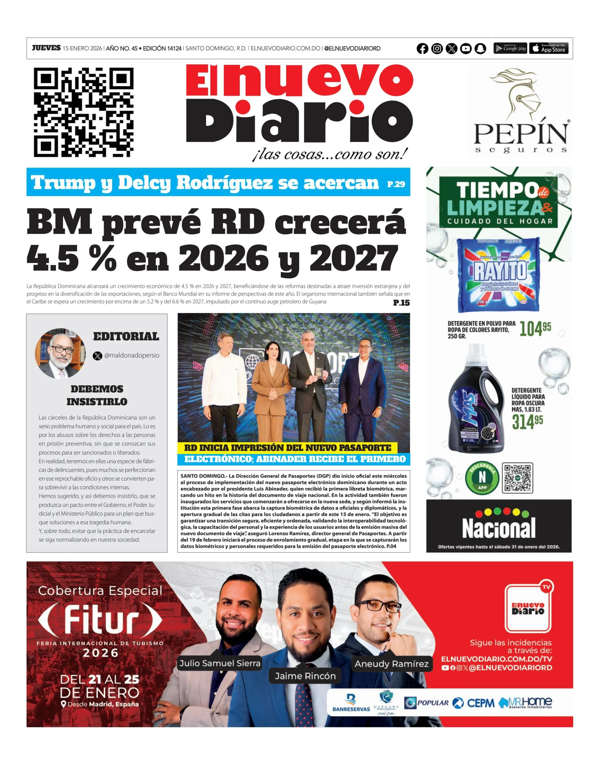 Portada Periódico El Nuevo Diario, Jueves 15, Enero, 2026