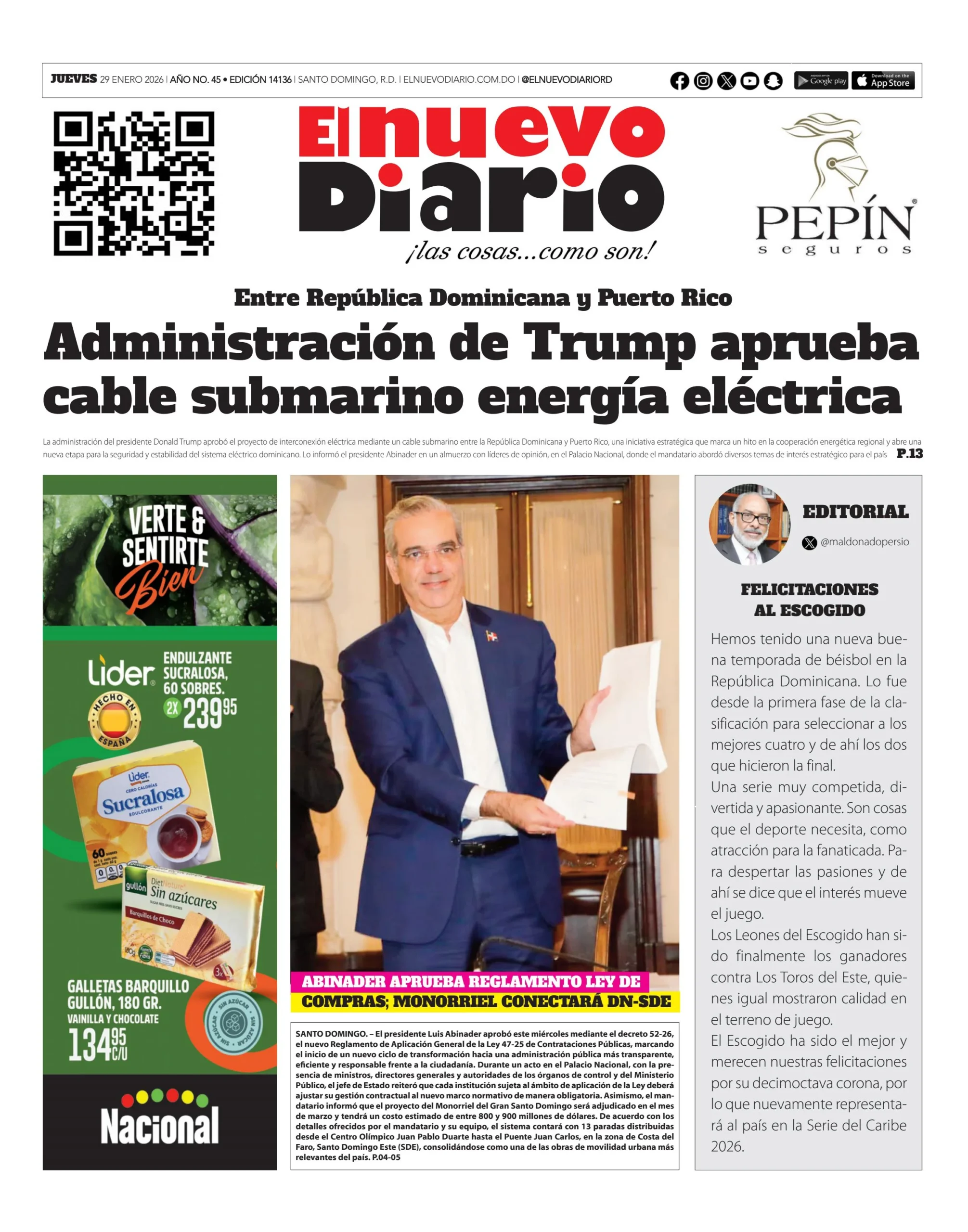 Portada Periódico El Nuevo Diario, Jueves 29, Enero, 2026