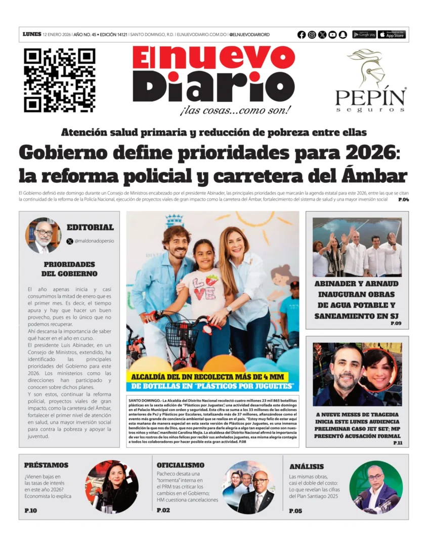 Portada Periódico El Nuevo Diario, Lunes 12, Enero, 2026