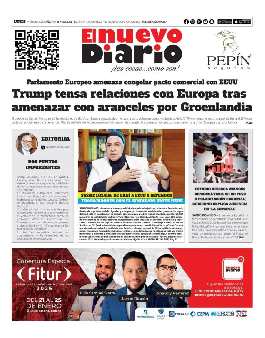 Portada Periódico El Nuevo Diario, Lunes 19, Enero, 2026