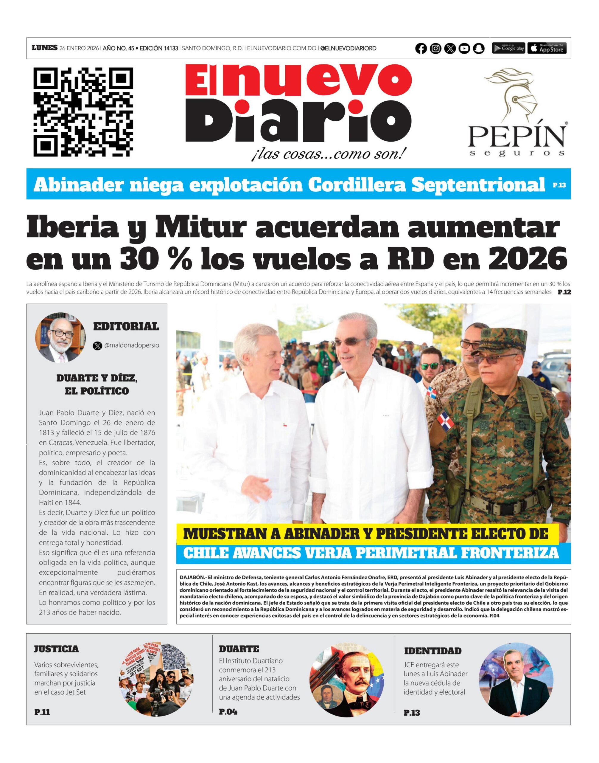 Portada Periódico El Nuevo Diario, Lunes 26, Enero, 2026
