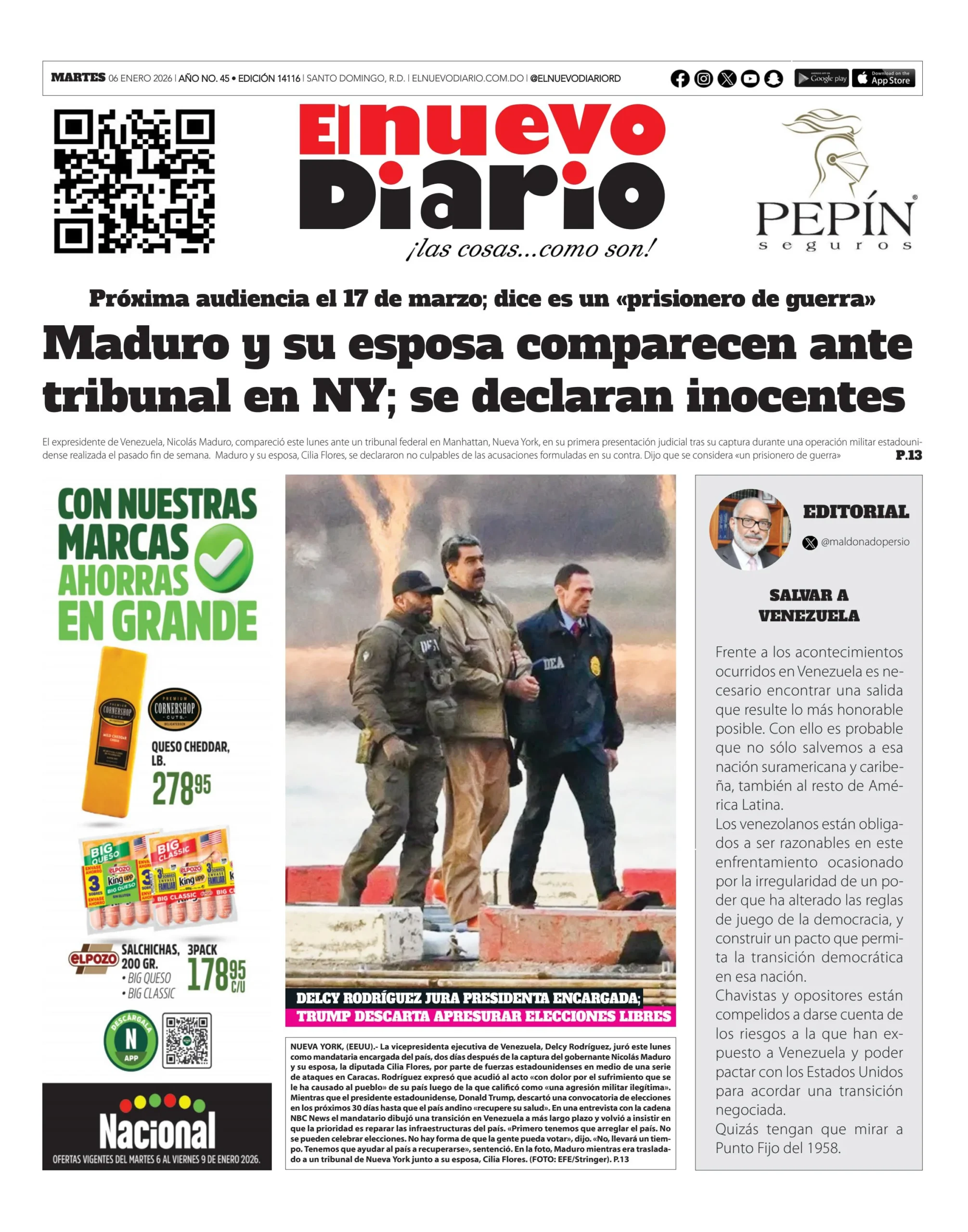Portada Periódico El Nuevo Diario, Martes 06, Enero, 2026