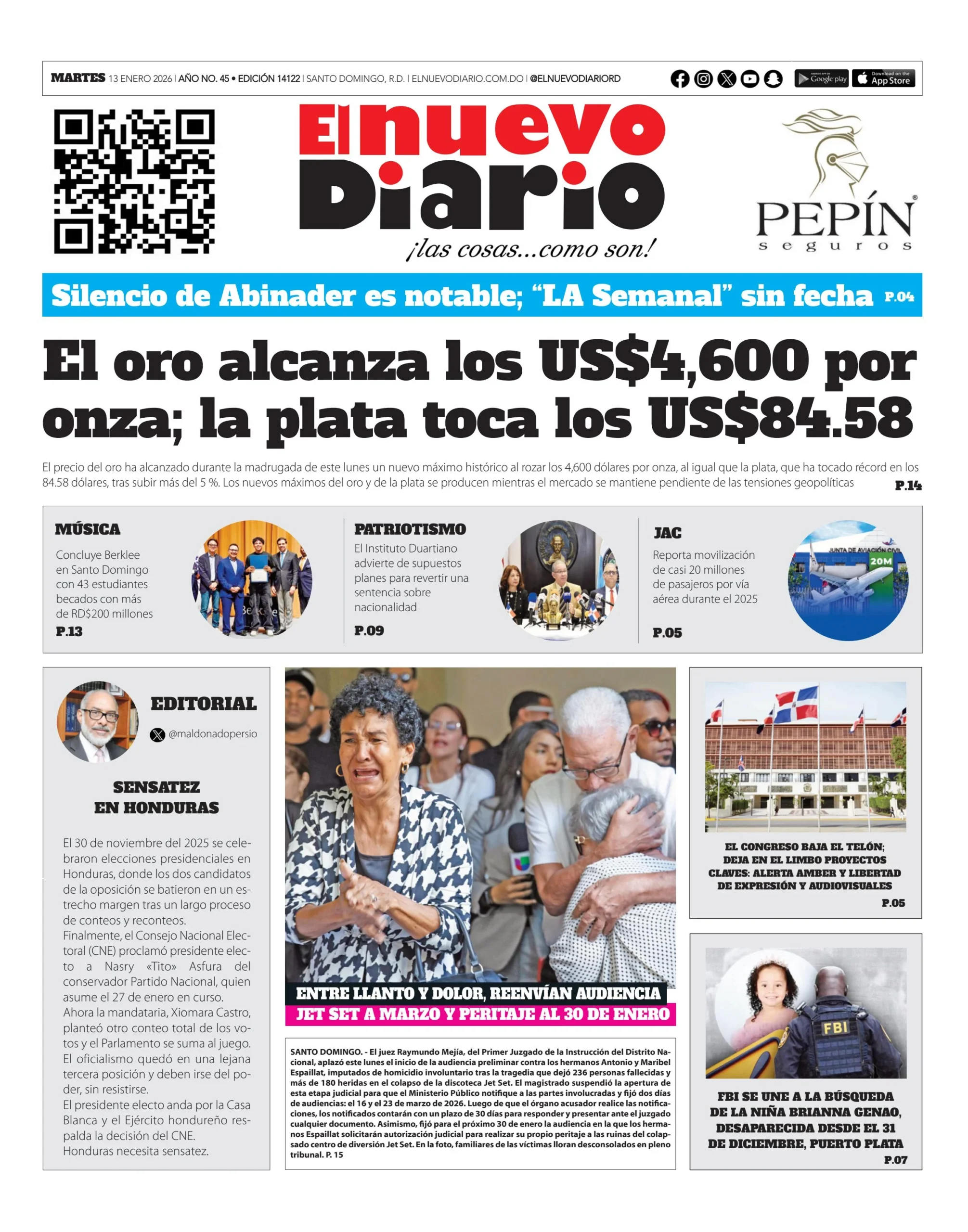 Portada Periódico El Nuevo Diario, Martes 13, Enero, 2026