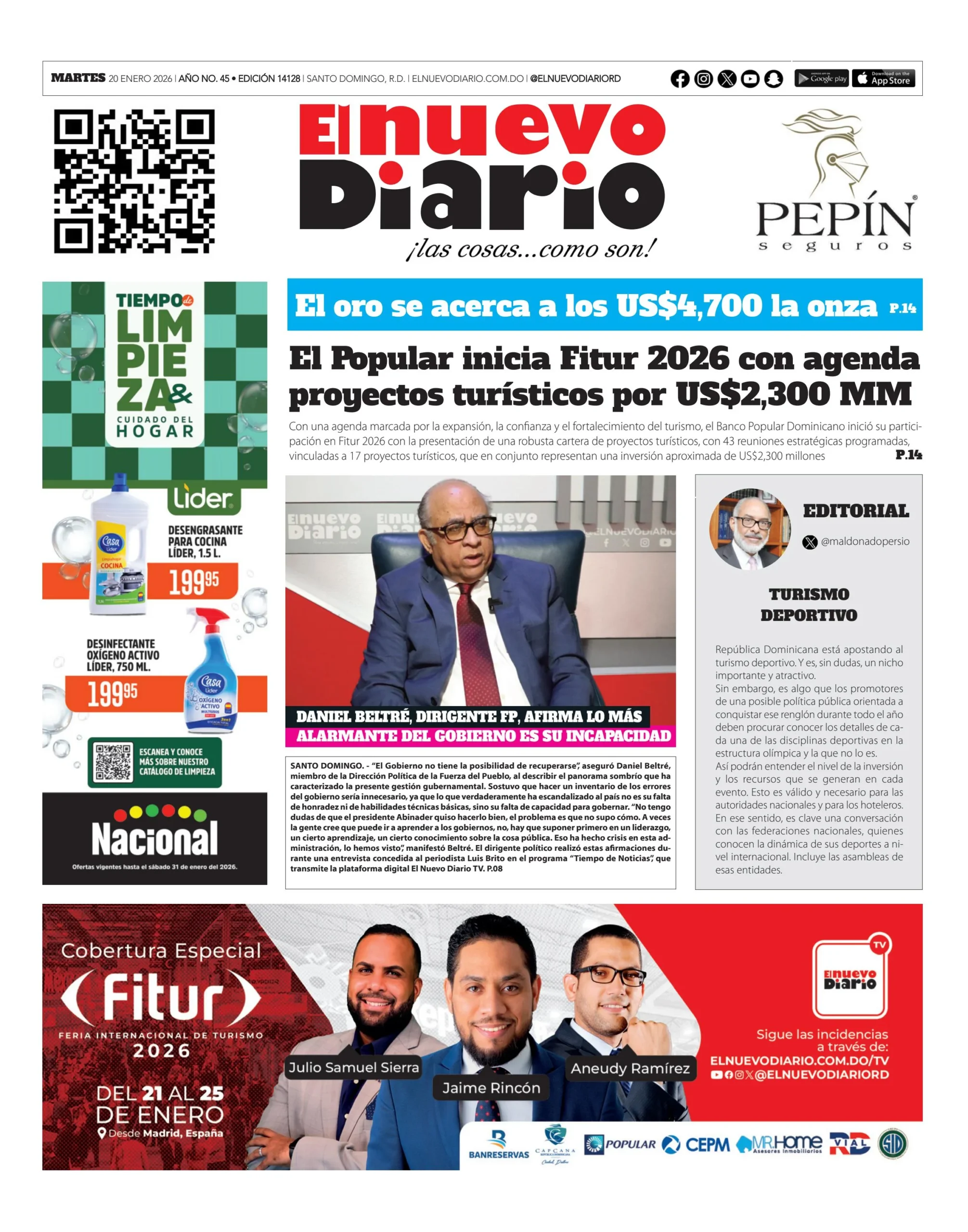 Portada Periódico El Nuevo Diario, Martes 20, Enero, 2026
