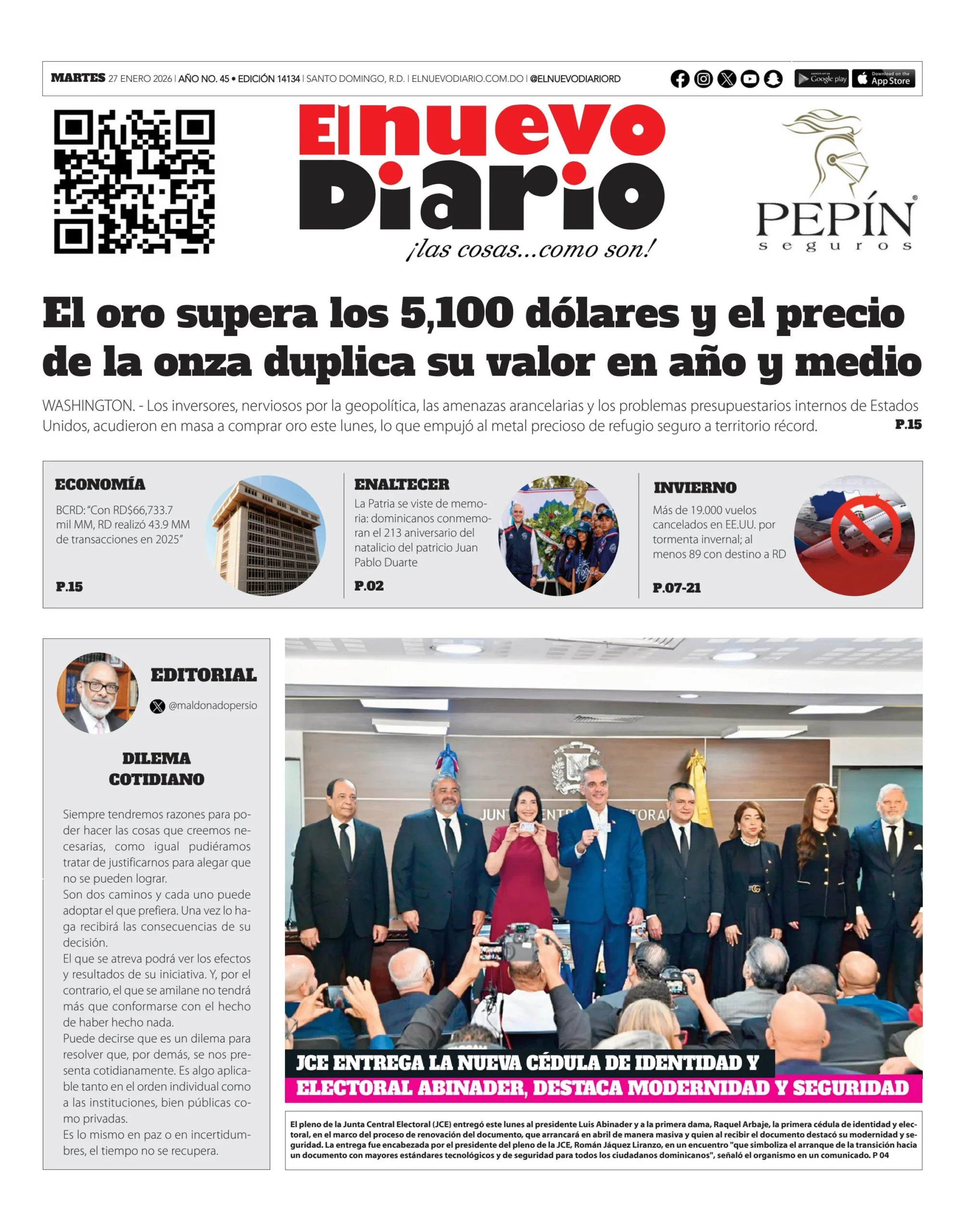 Portada Periódico El Nuevo Diario, Martes 27, Enero, 2026