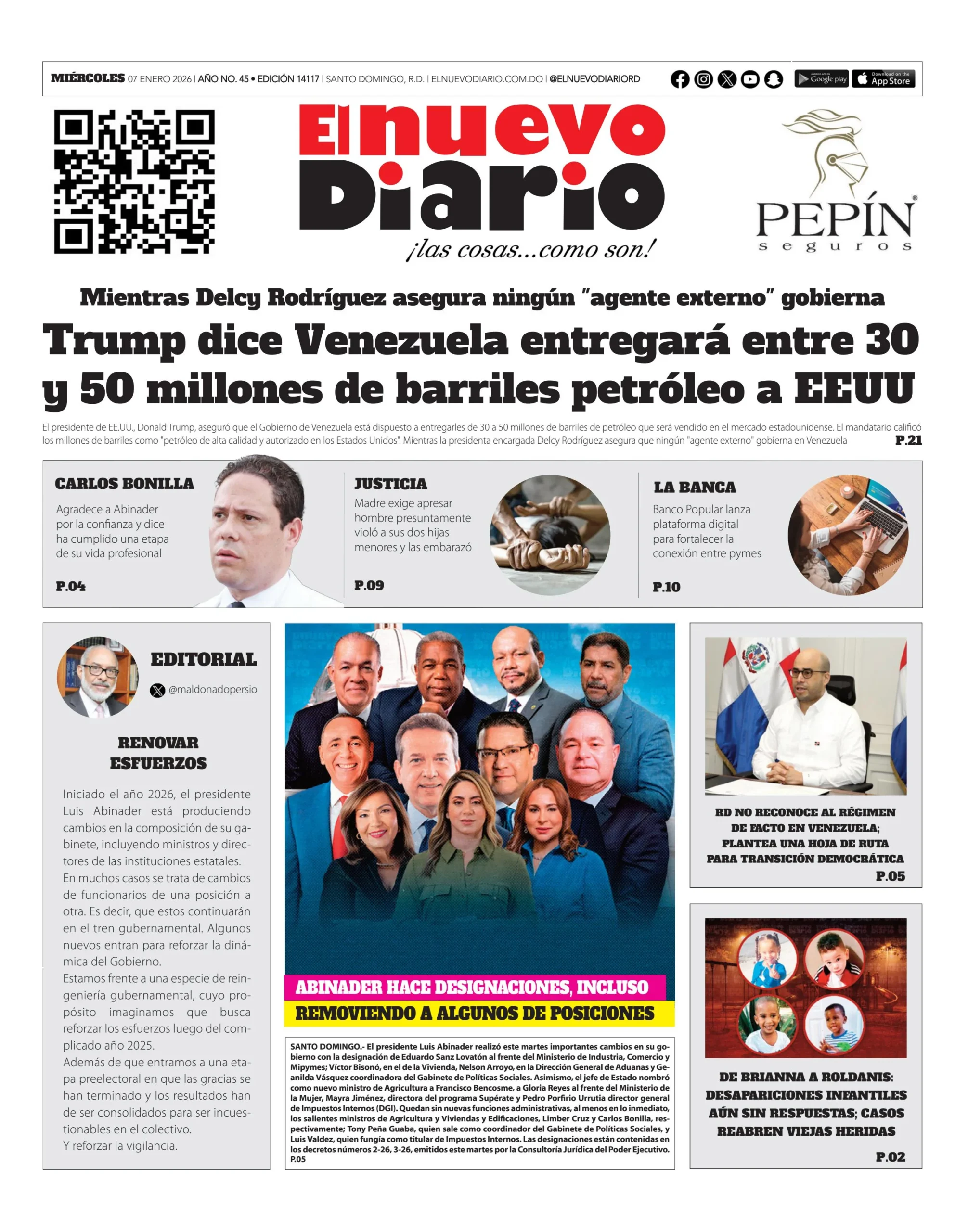 Portada Periódico El Nuevo Diario, Miércoles 07, Enero, 2026