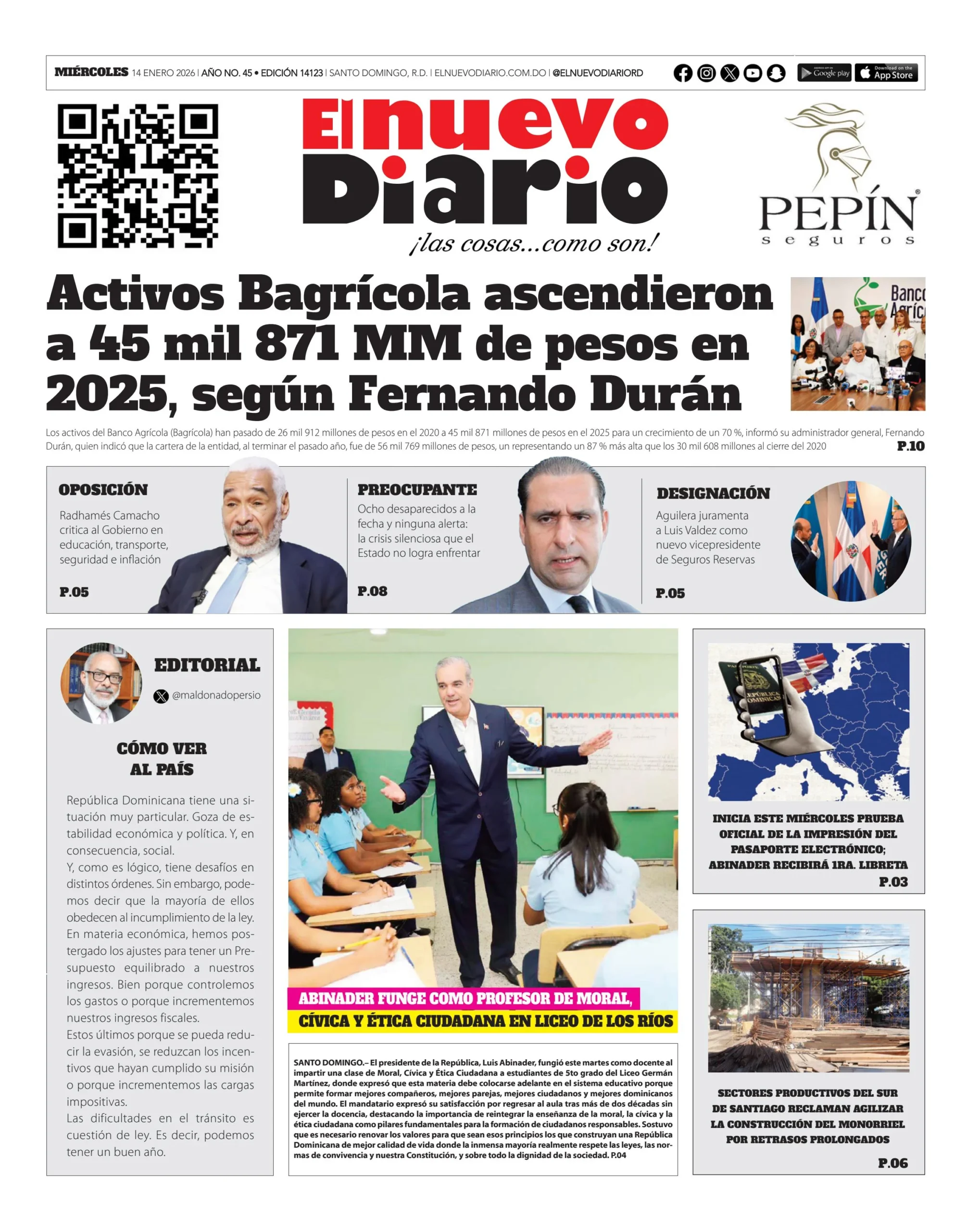 Portada Periódico El Nuevo Diario, Miércoles 14, Enero, 2026